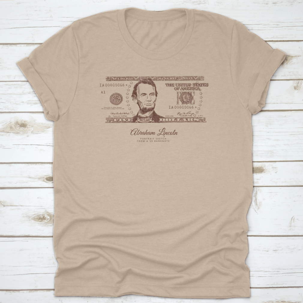 A classic fit t-shirt featuring a detailed engraving of Abraham Lincoln's portrait, made from 100% cotton for comfort.