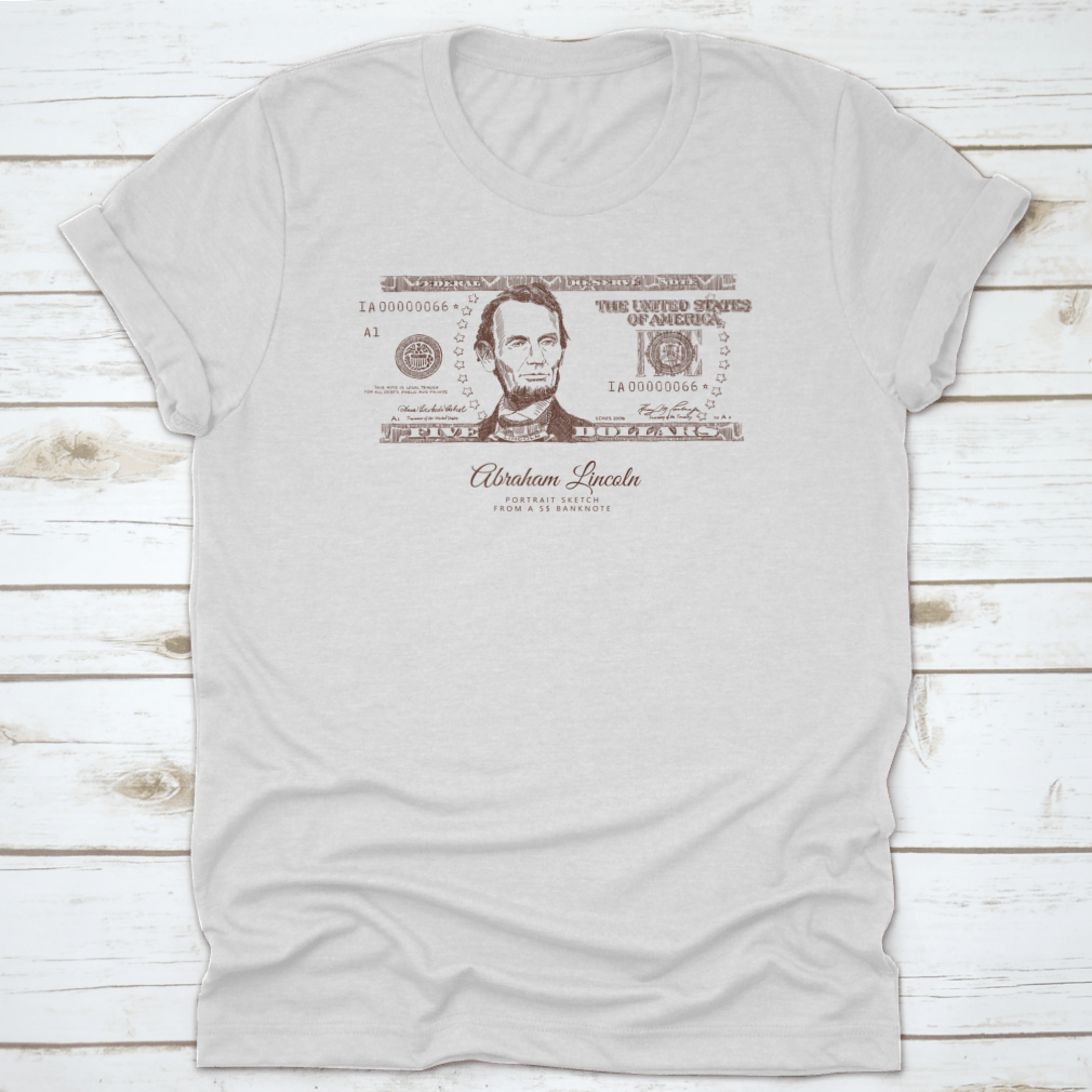 A classic fit t-shirt featuring a detailed engraving of Abraham Lincoln's portrait, made from 100% cotton for comfort.