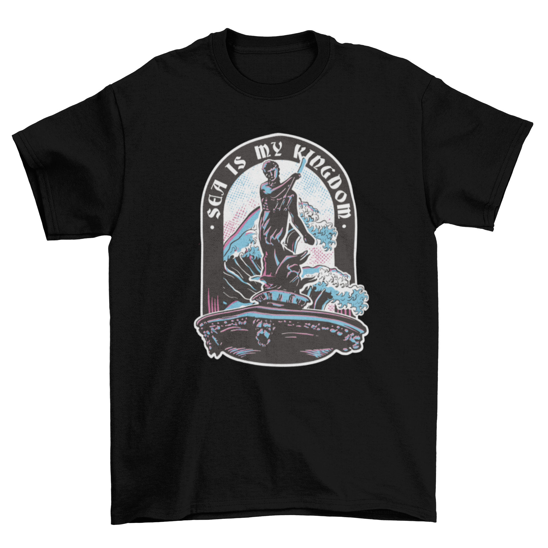 Poseidon sea god mythology t-shirt featuring duotone design of Poseidon with trident and ocean waves.