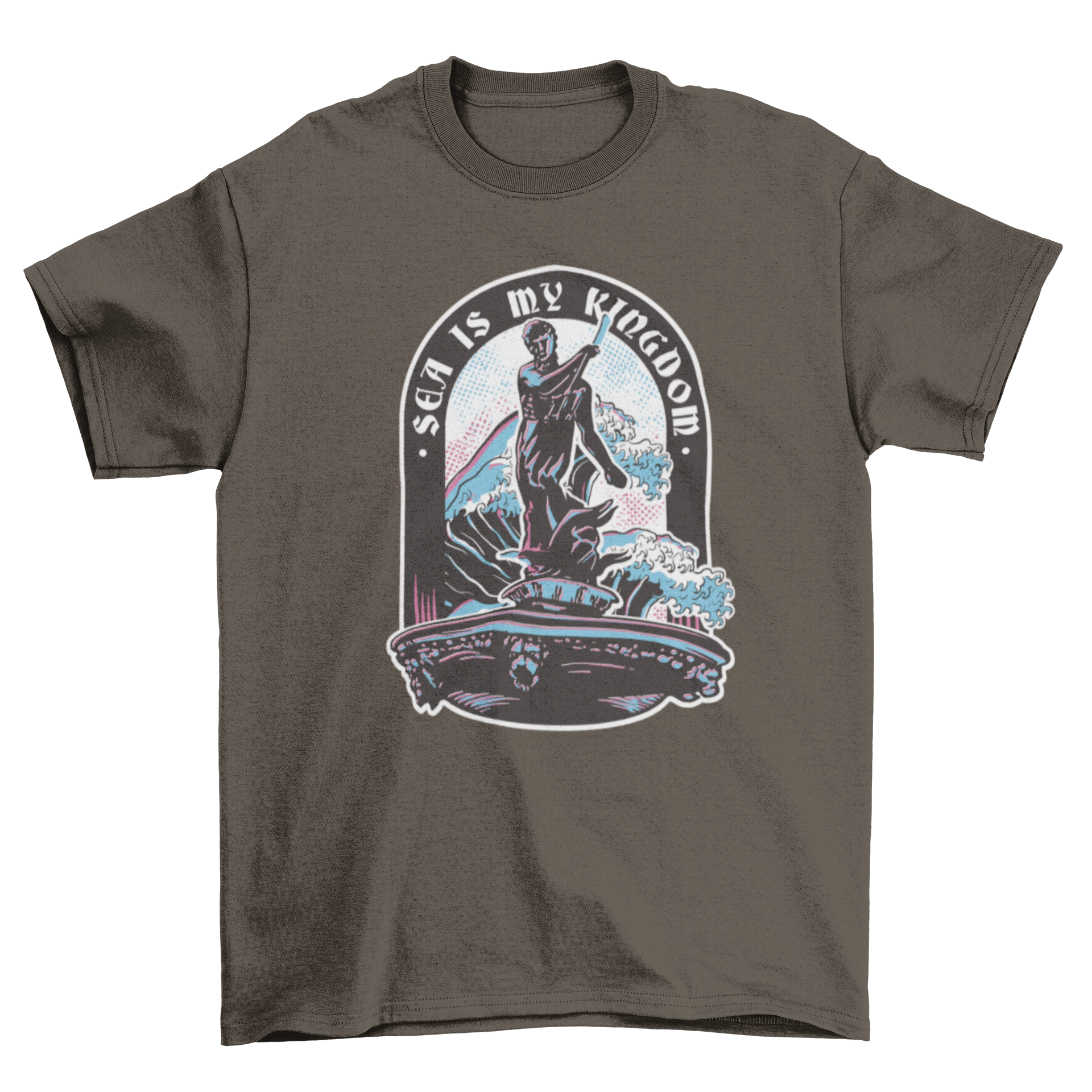 Poseidon sea god mythology t-shirt featuring duotone design of Poseidon with trident and ocean waves.