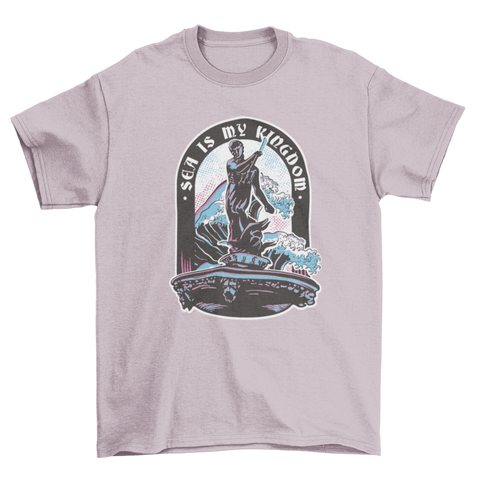 Poseidon sea god mythology t-shirt featuring duotone design of Poseidon with trident and ocean waves.