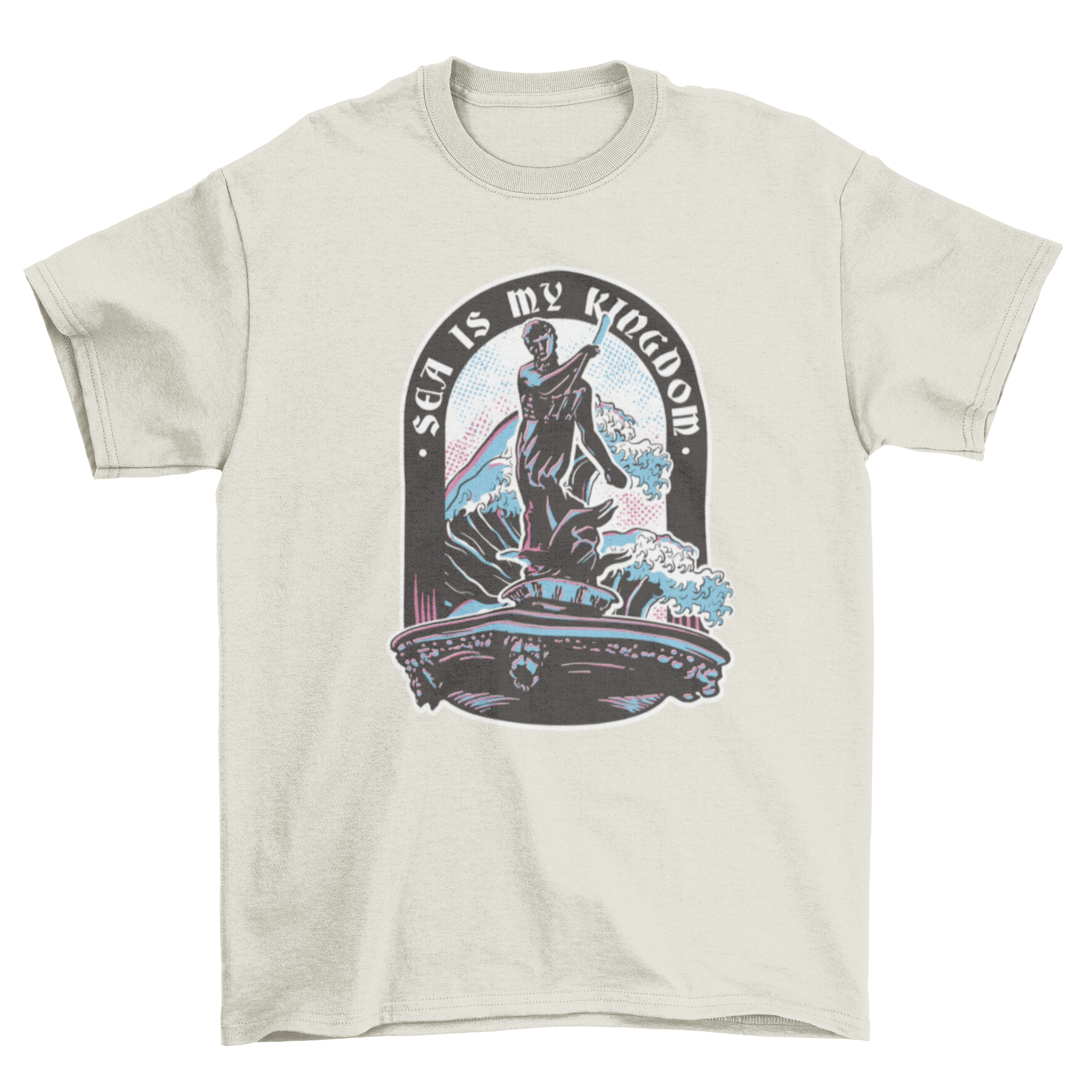 Poseidon sea god mythology t-shirt featuring duotone design of Poseidon with trident and ocean waves.