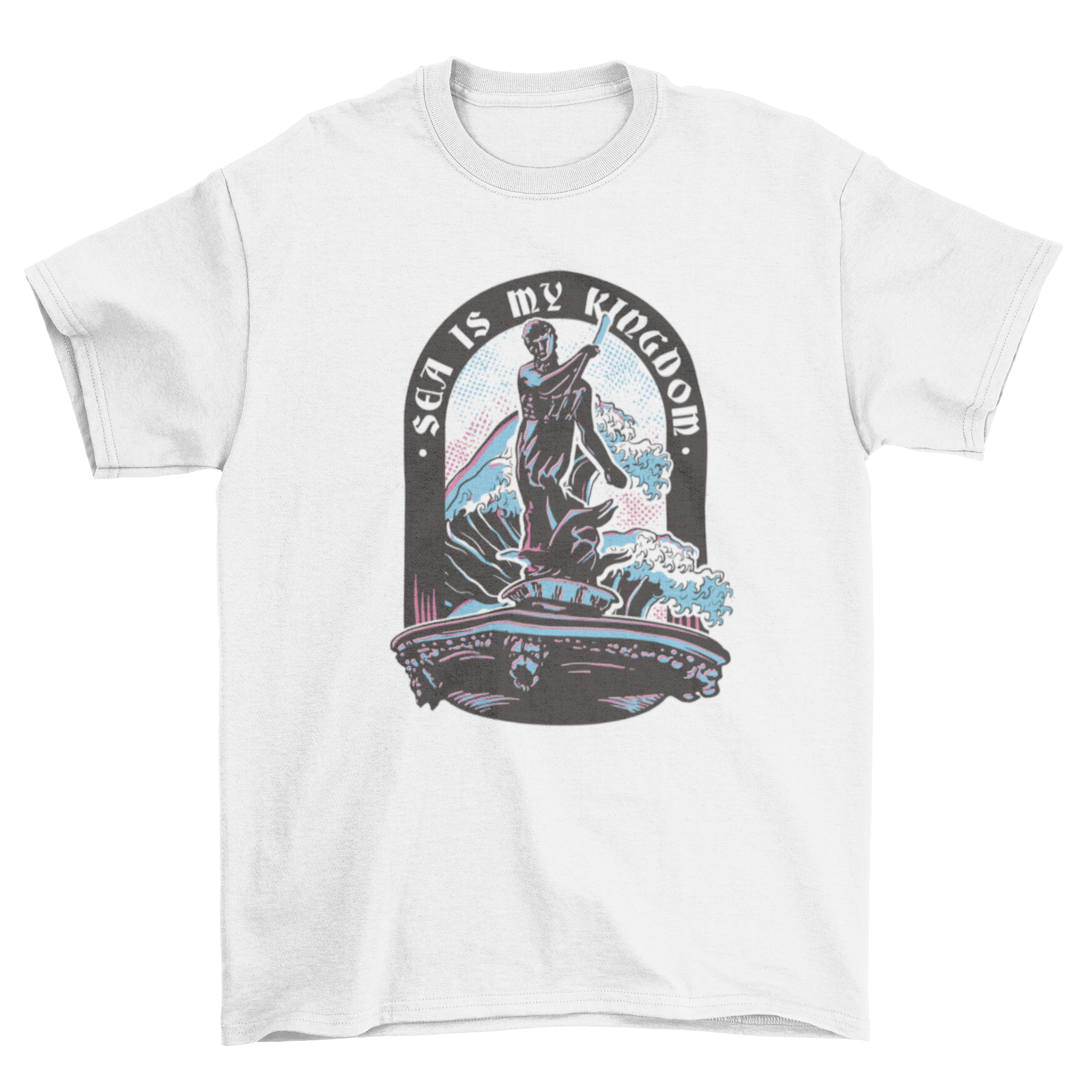 Poseidon sea god mythology t-shirt featuring duotone design of Poseidon with trident and ocean waves.