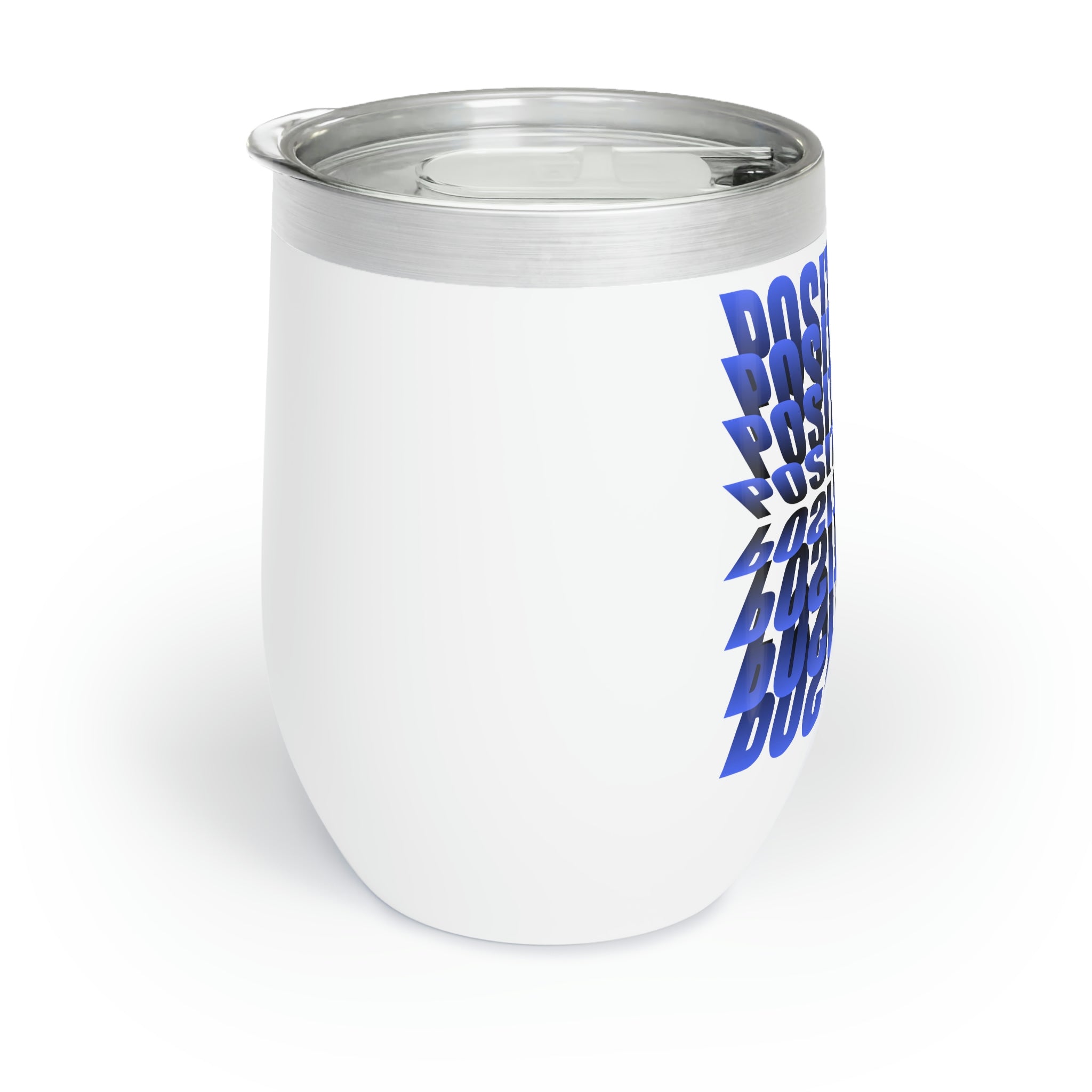 Positive Chill Wine Tumbler in stainless steel with a customizable design, showcasing its double-insulated walls and stemless shape.