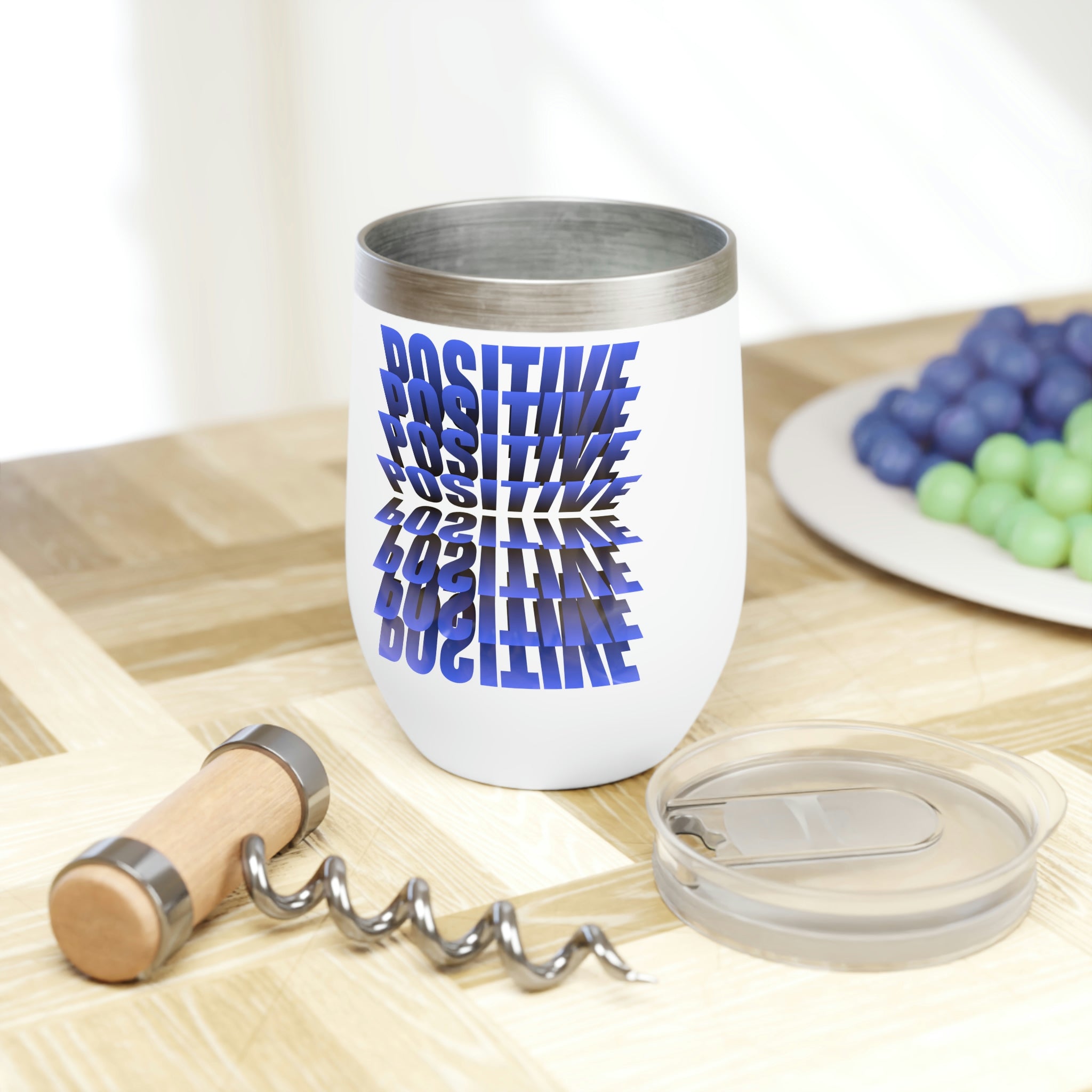 Positive Chill Wine Tumbler in stainless steel with a customizable design, showcasing its double-insulated walls and stemless shape.