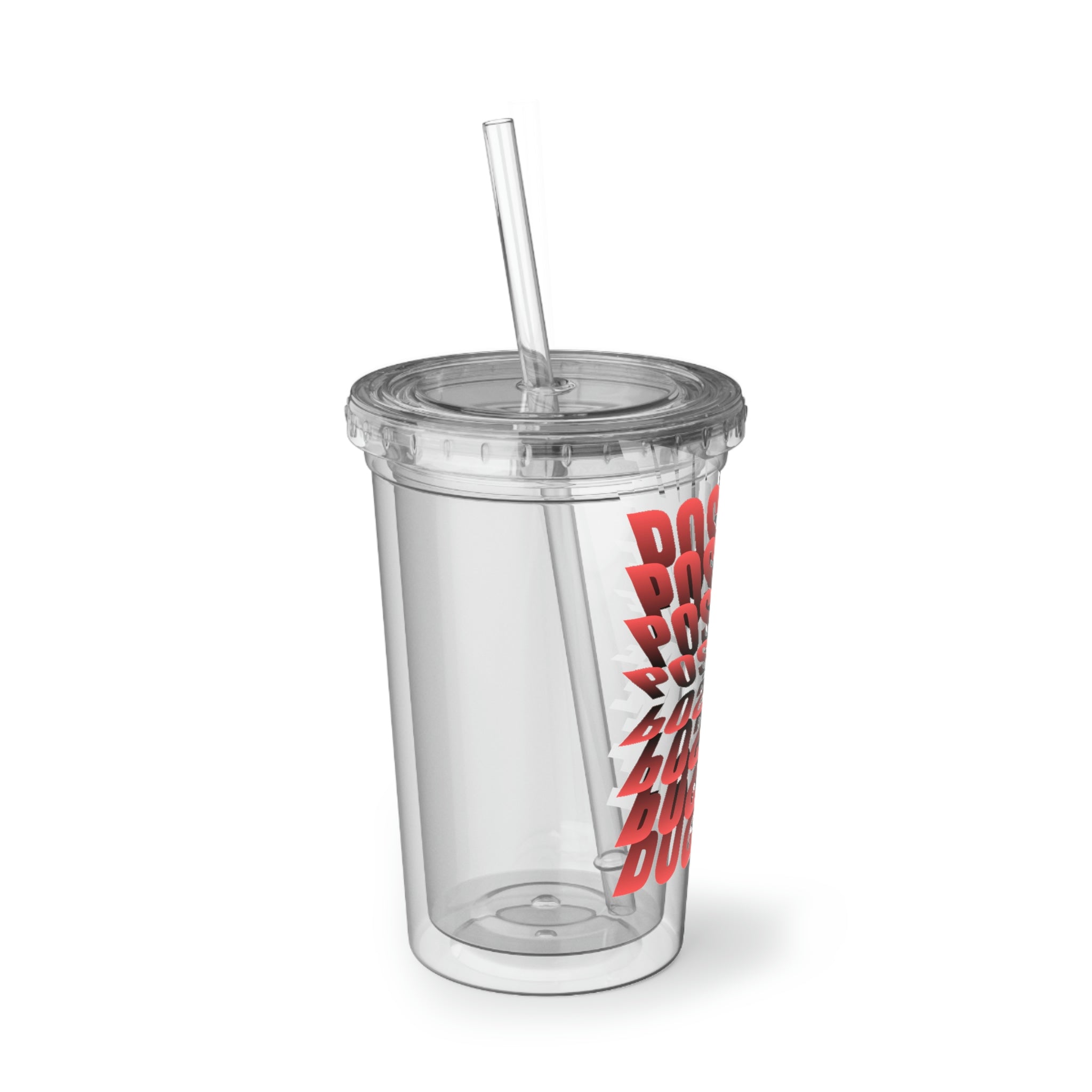 Positive Suave Acrylic Cup with double-wall insulation, featuring a vibrant custom design and a plastic lid with a straw.