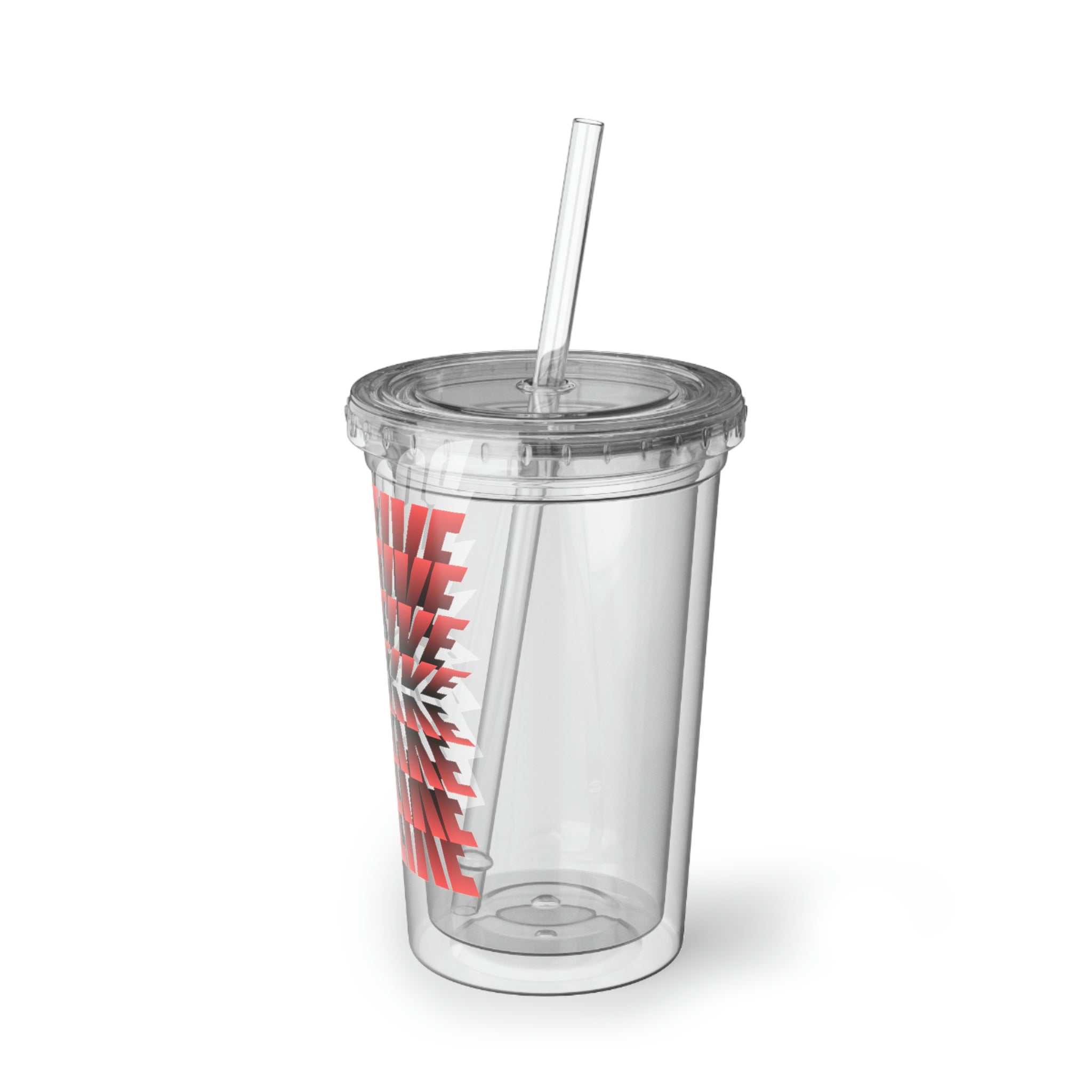 Positive Suave Acrylic Cup with double-wall insulation, featuring a vibrant custom design and a plastic lid with a straw.