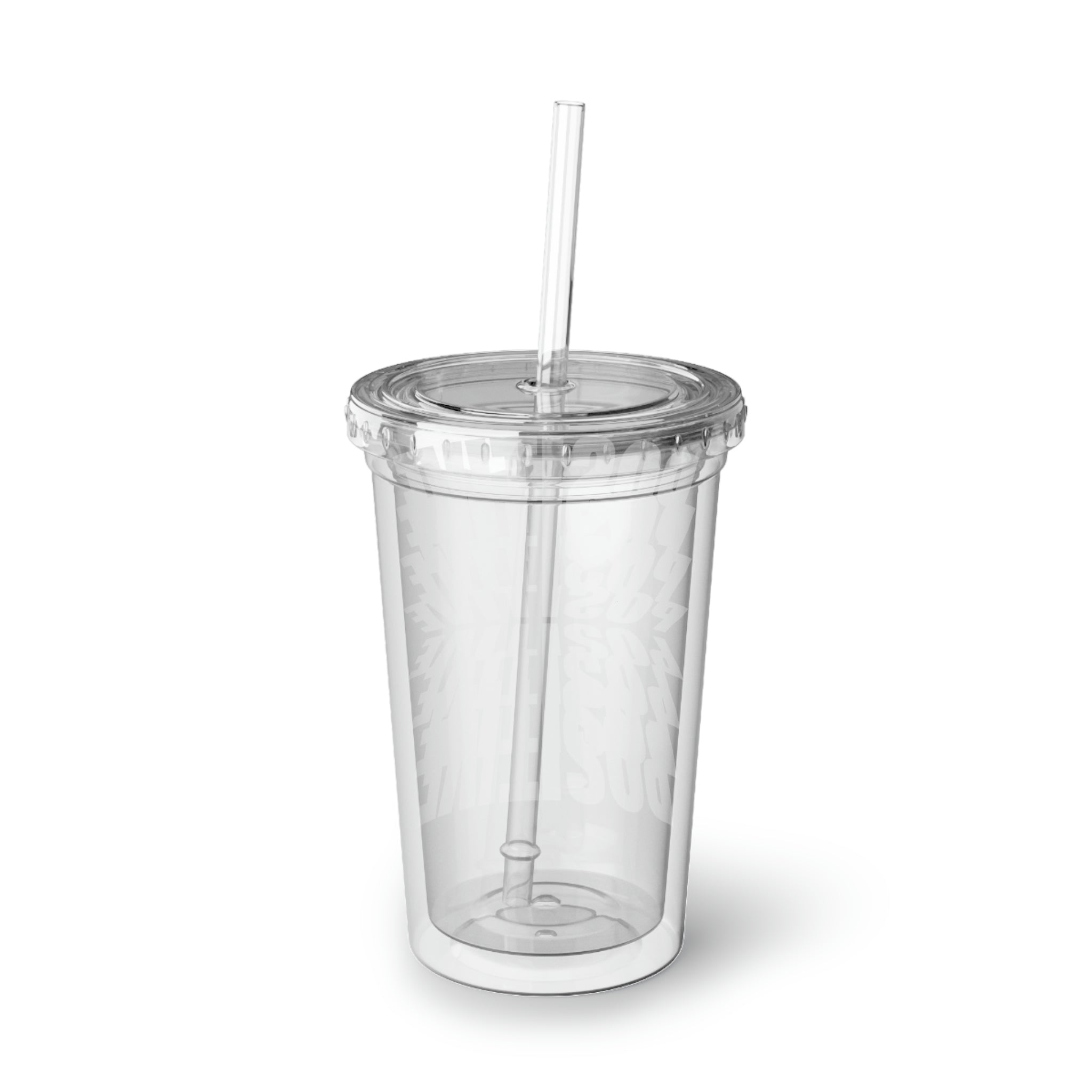 Positive Suave Acrylic Cup with double-wall insulation, featuring a vibrant custom design and a plastic lid with a straw.