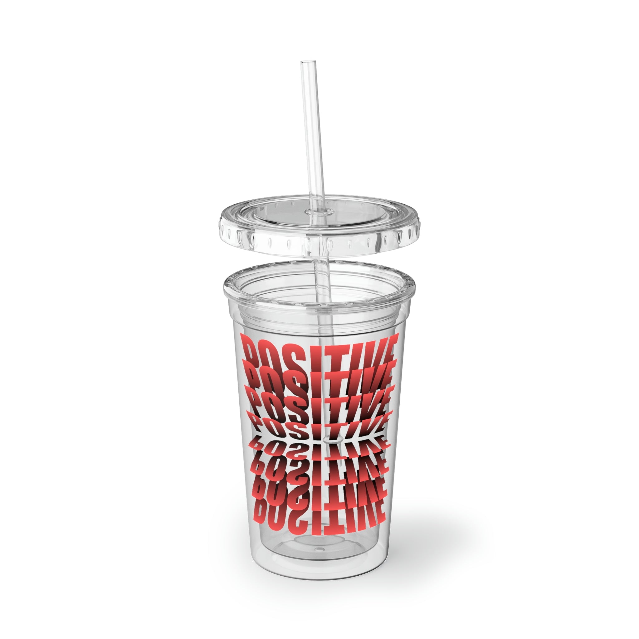 Positive Suave Acrylic Cup with double-wall insulation, featuring a vibrant custom design and a plastic lid with a straw.