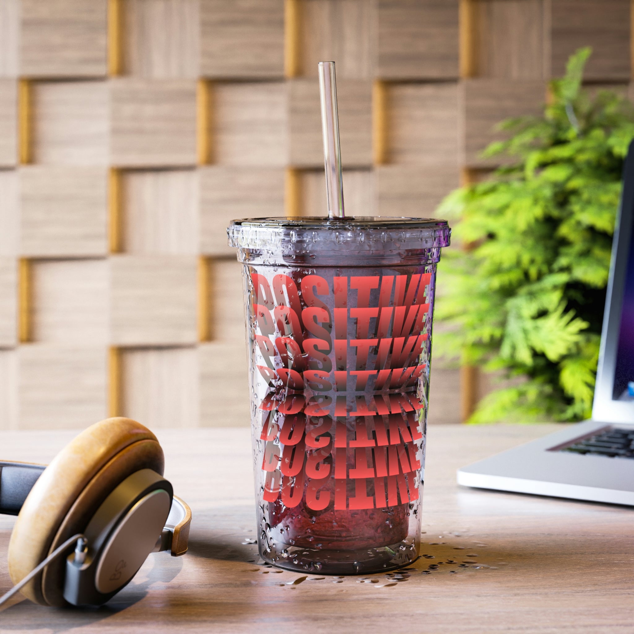 Positive Suave Acrylic Cup with double-wall insulation, featuring a vibrant custom design and a plastic lid with a straw.