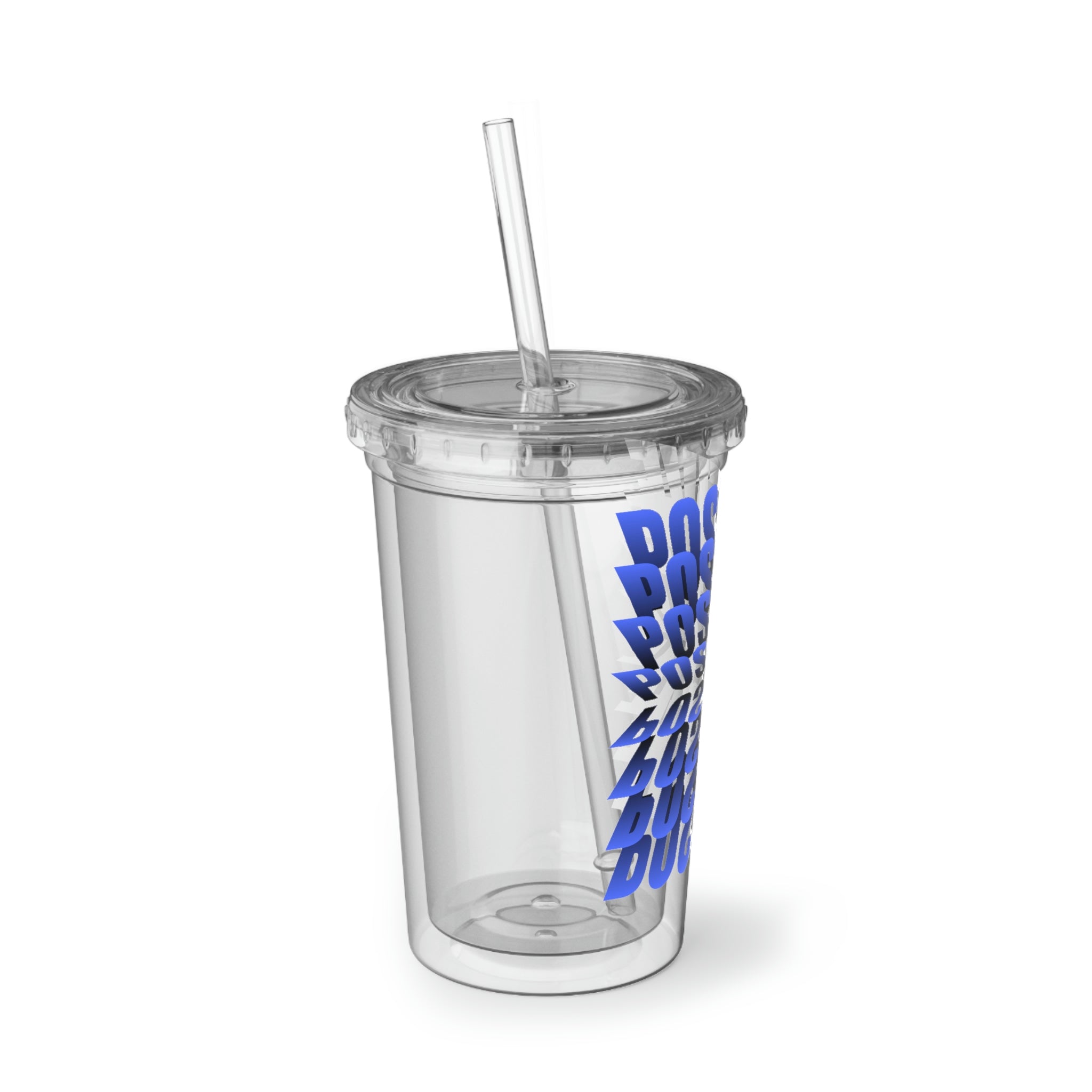 Positive Suave Acrylic Cup with double-wall insulation, featuring a vibrant customizable design and a plastic lid with a straw.