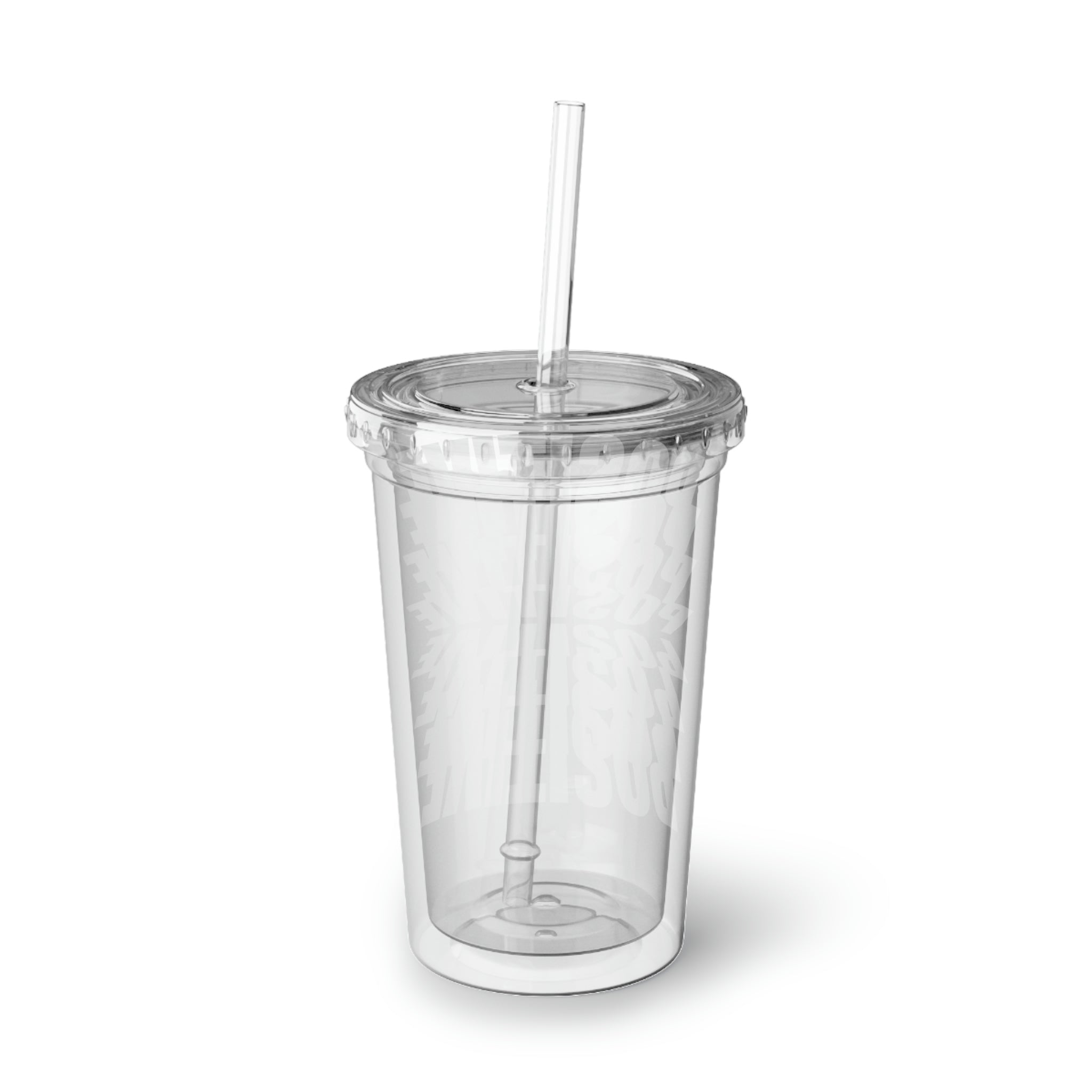 Positive Suave Acrylic Cup with double-wall insulation, featuring a vibrant customizable design and a plastic lid with a straw.