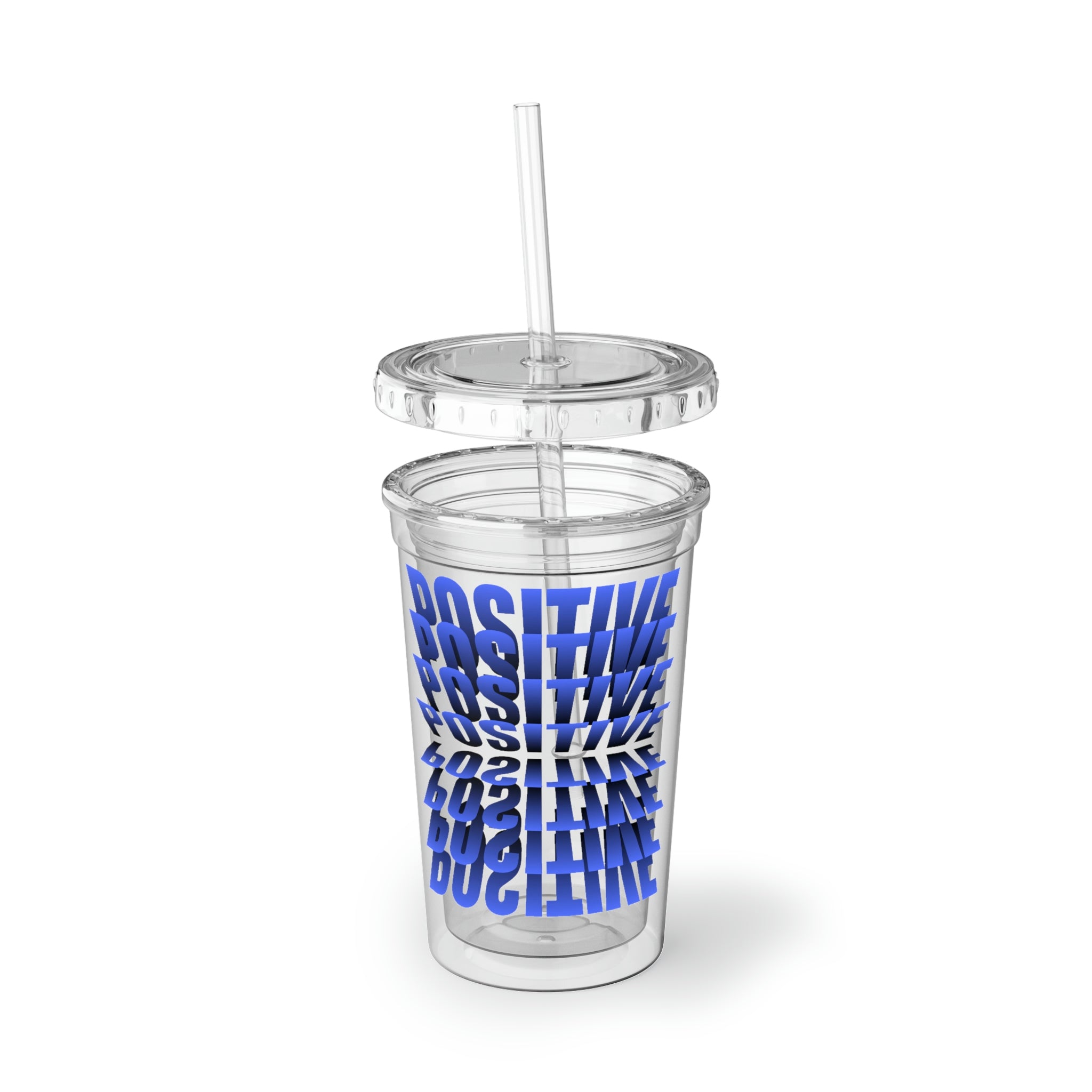 Positive Suave Acrylic Cup with double-wall insulation, featuring a vibrant customizable design and a plastic lid with a straw.