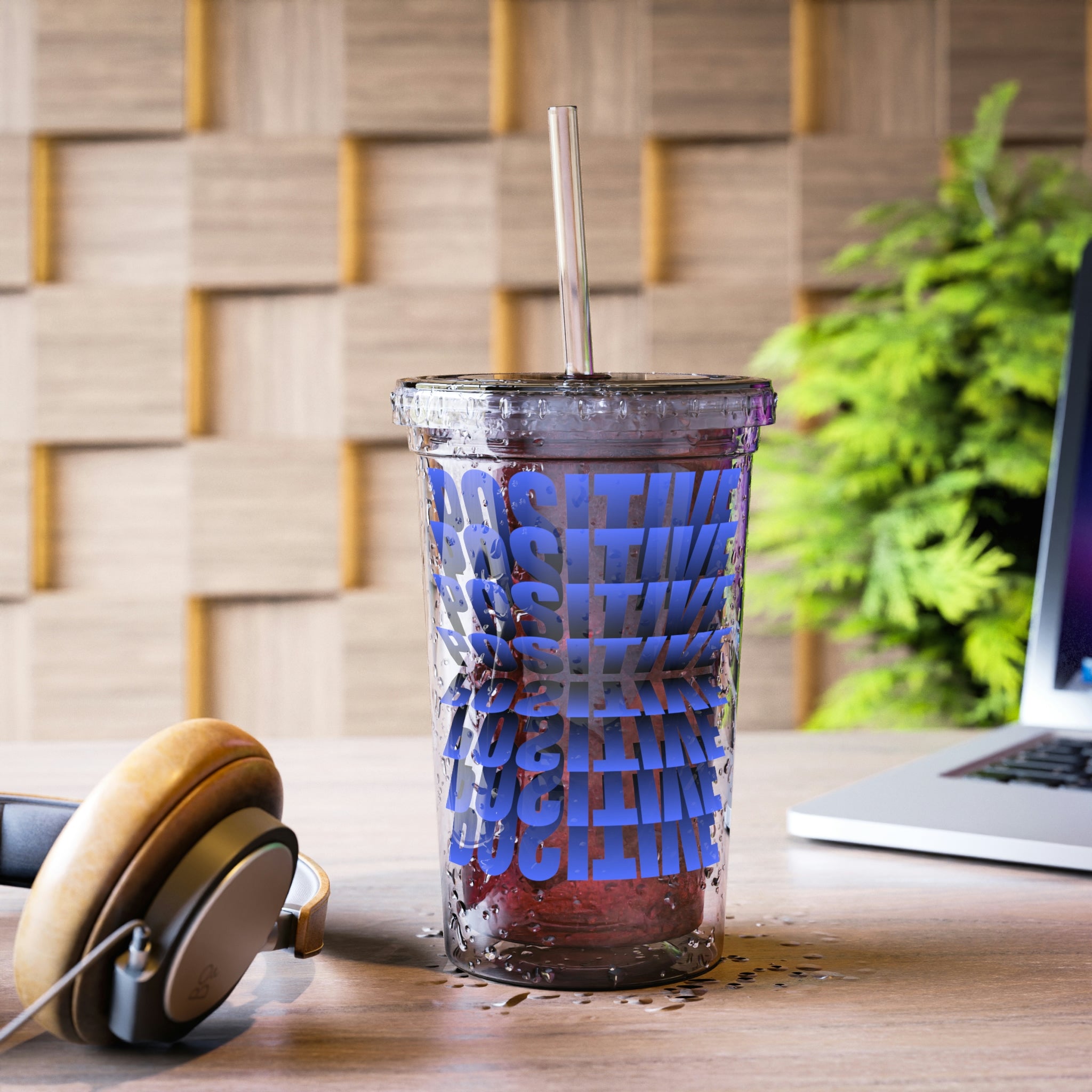 Positive Suave Acrylic Cup with double-wall insulation, featuring a vibrant customizable design and a plastic lid with a straw.