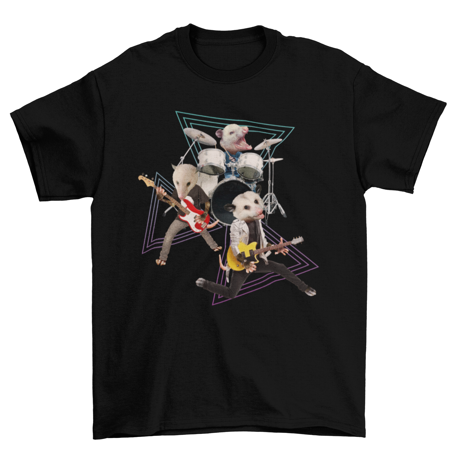 A fun t-shirt featuring three playful possums in a rock band, each playing different musical instruments.