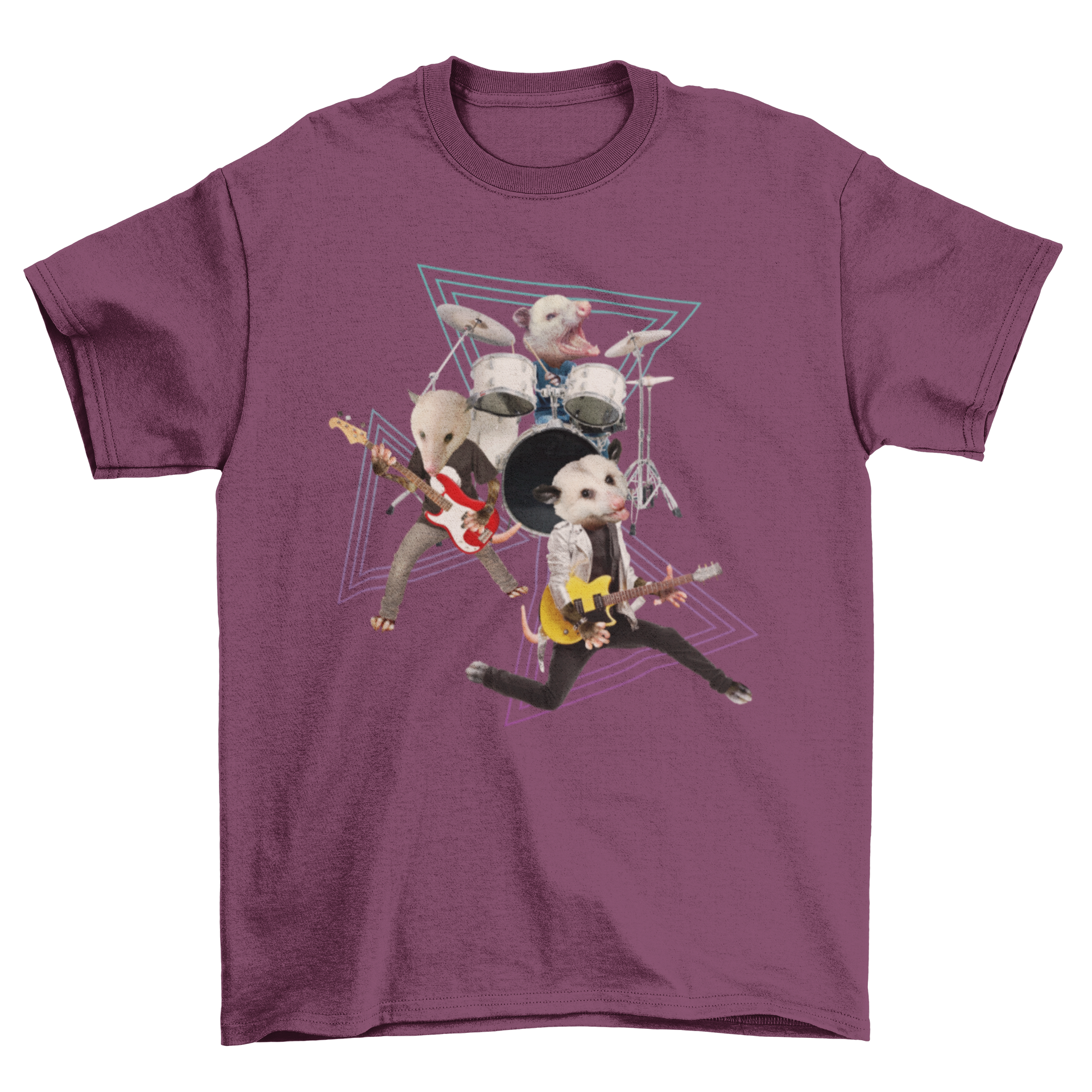 A fun t-shirt featuring three playful possums in a rock band, each playing different musical instruments.