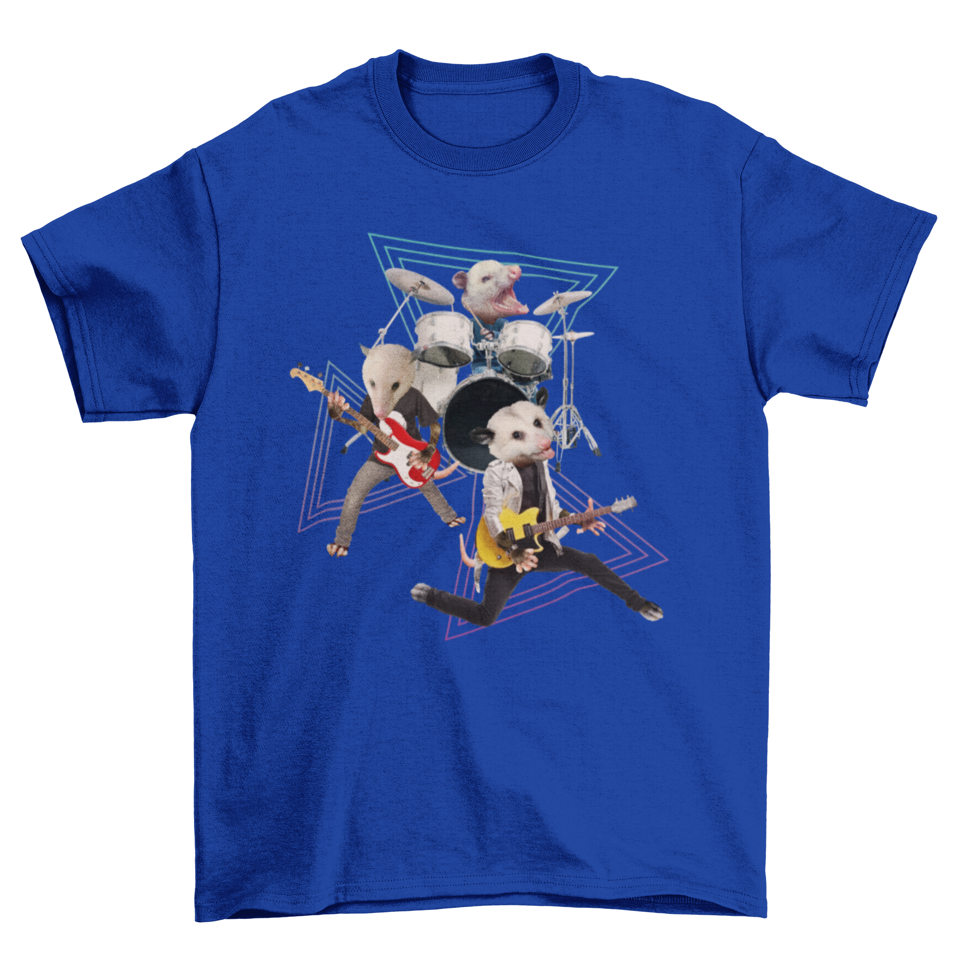 A fun t-shirt featuring three playful possums in a rock band, each playing different musical instruments.