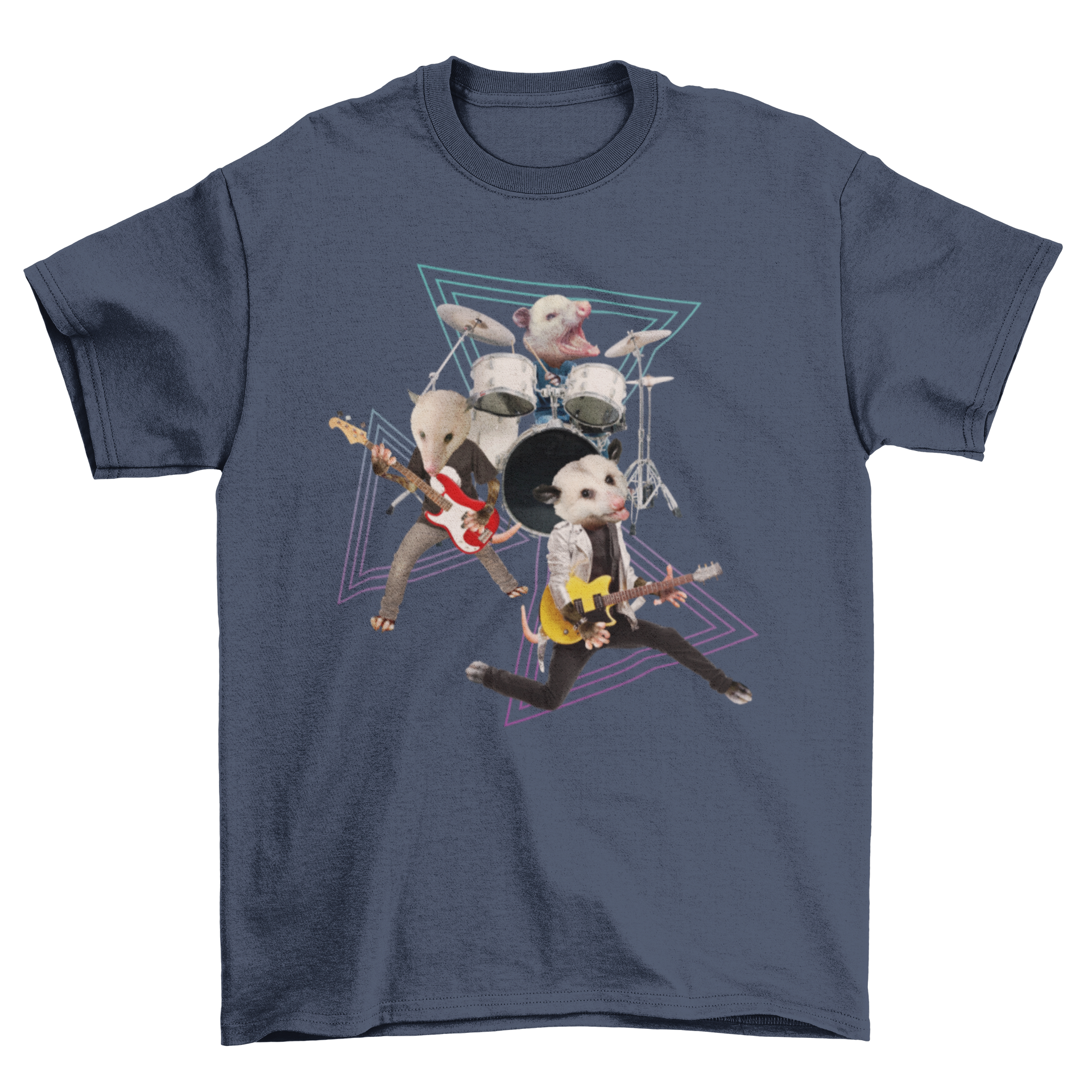 A fun t-shirt featuring three playful possums in a rock band, each playing different musical instruments.