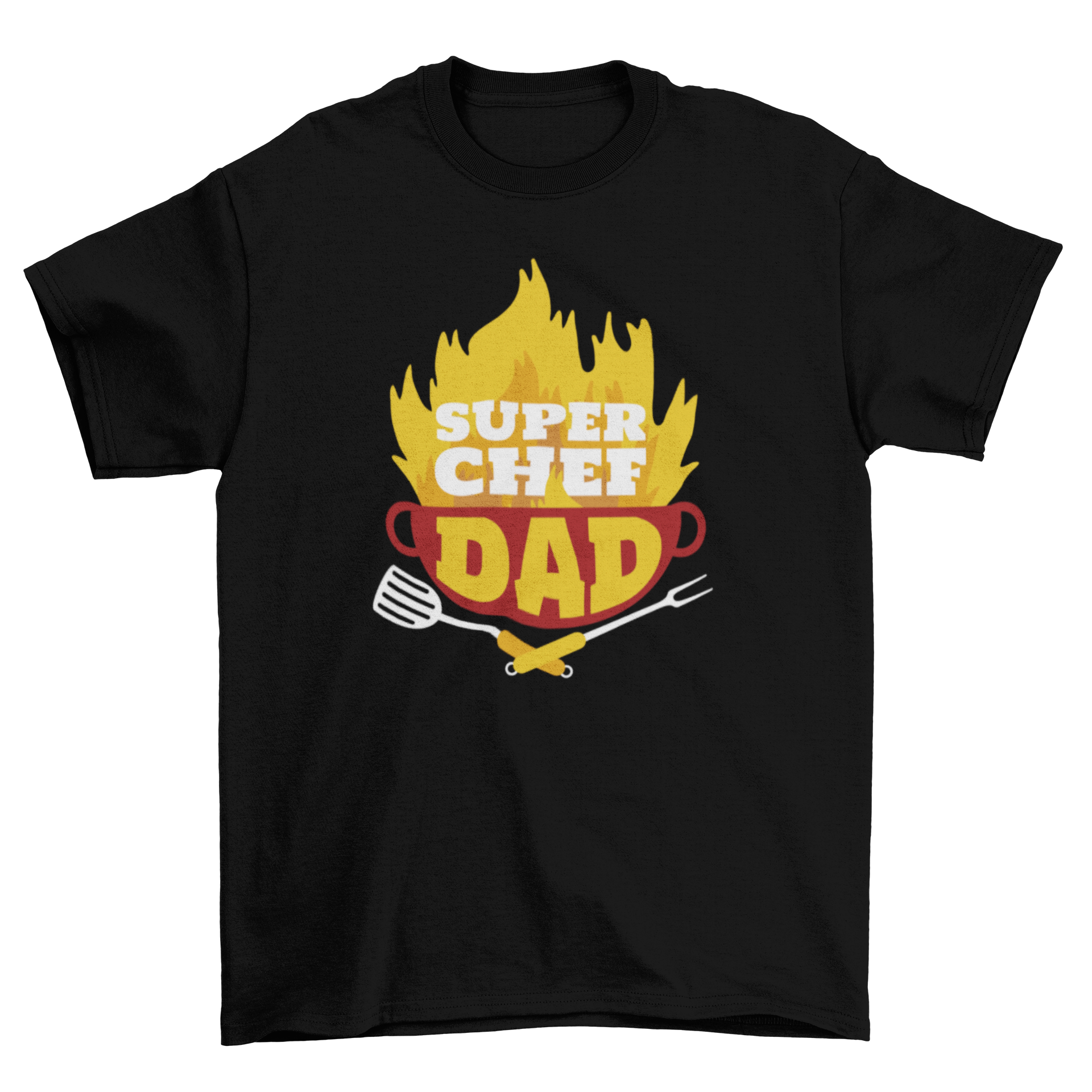 A stylish t-shirt featuring a pot on fire design with the quote 'Super Chef Dad', perfect for cooking enthusiasts.