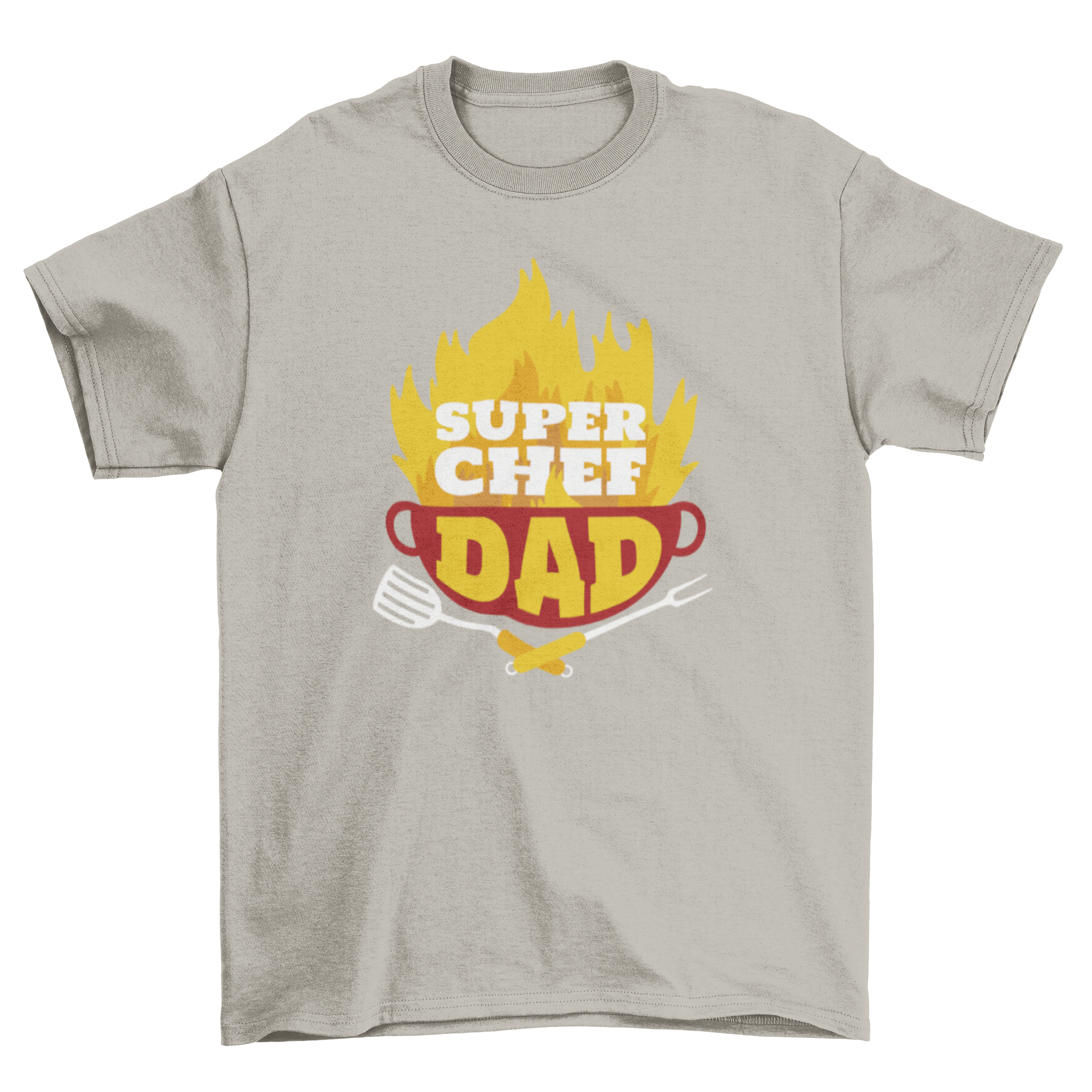 A stylish t-shirt featuring a pot on fire design with the quote 'Super Chef Dad', perfect for cooking enthusiasts.