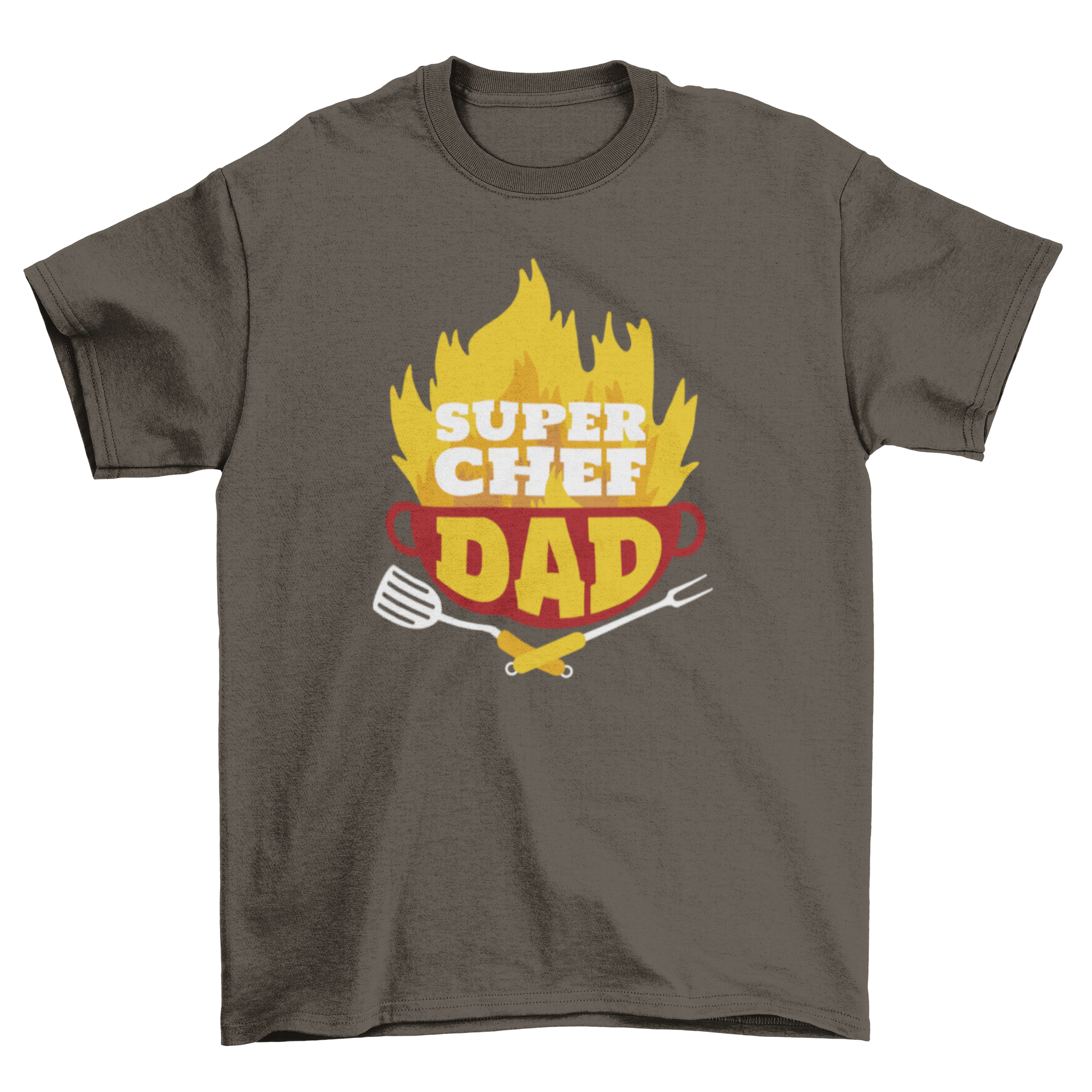 A stylish t-shirt featuring a pot on fire design with the quote 'Super Chef Dad', perfect for cooking enthusiasts.