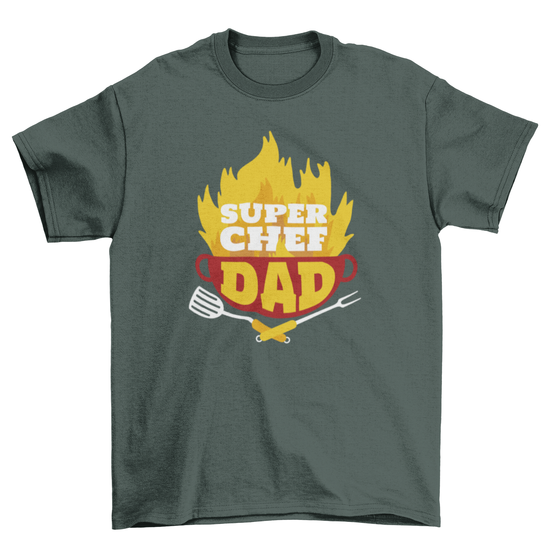 A stylish t-shirt featuring a pot on fire design with the quote 'Super Chef Dad', perfect for cooking enthusiasts.