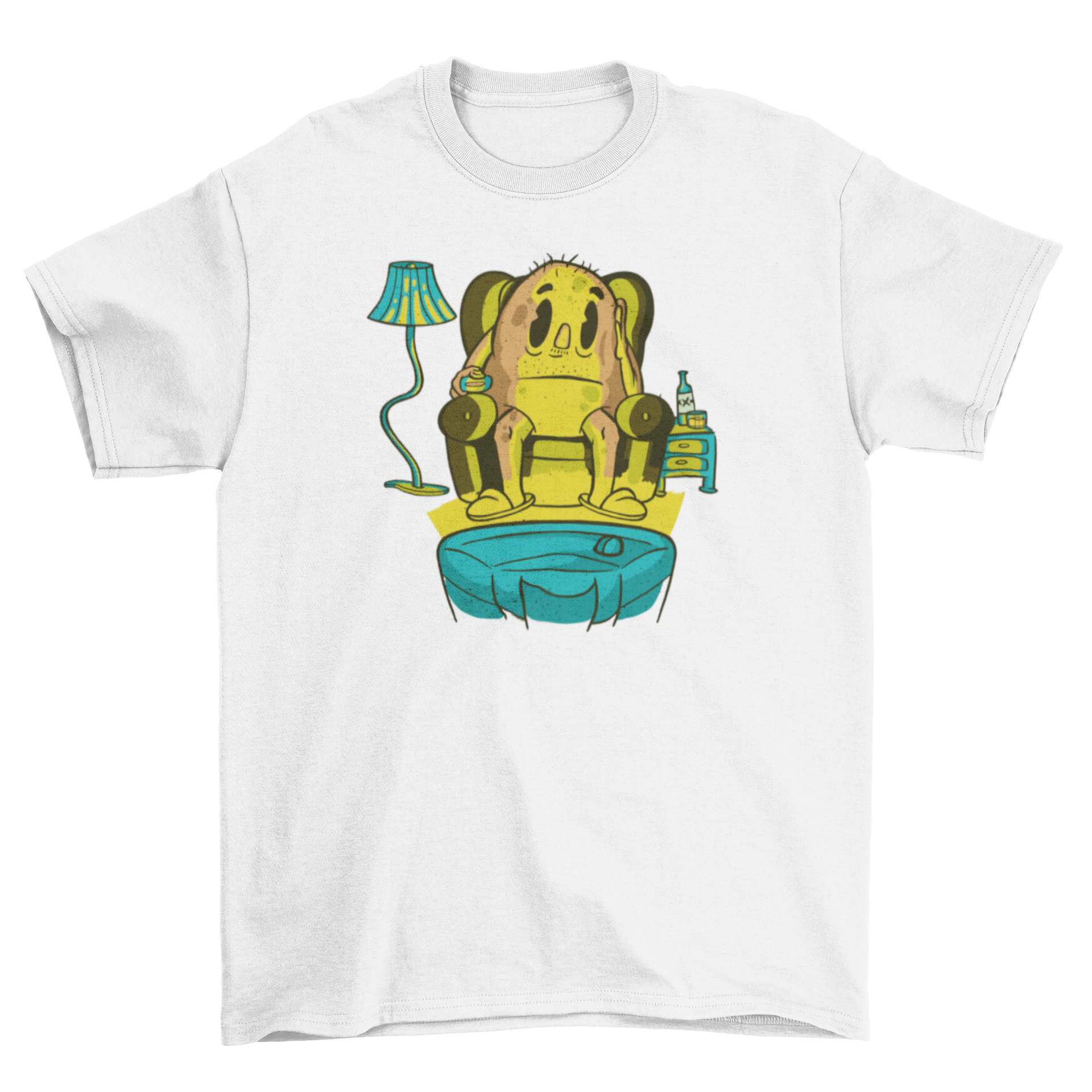 A cartoon potato lounging on a couch, channel surfing, featured on a t-shirt design.