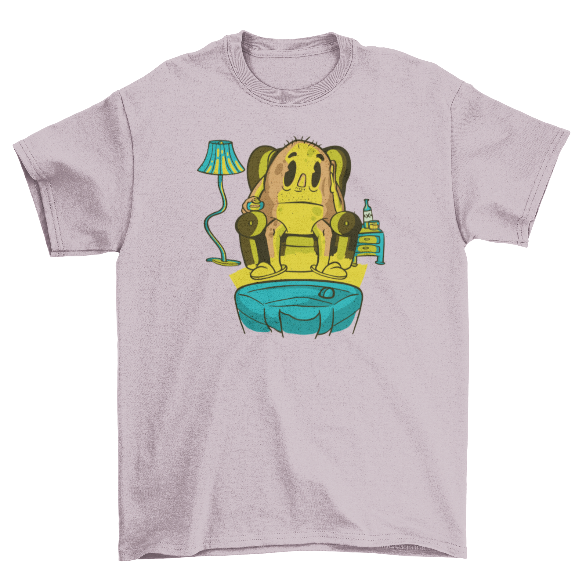 A cartoon potato lounging on a couch, channel surfing, featured on a t-shirt design.