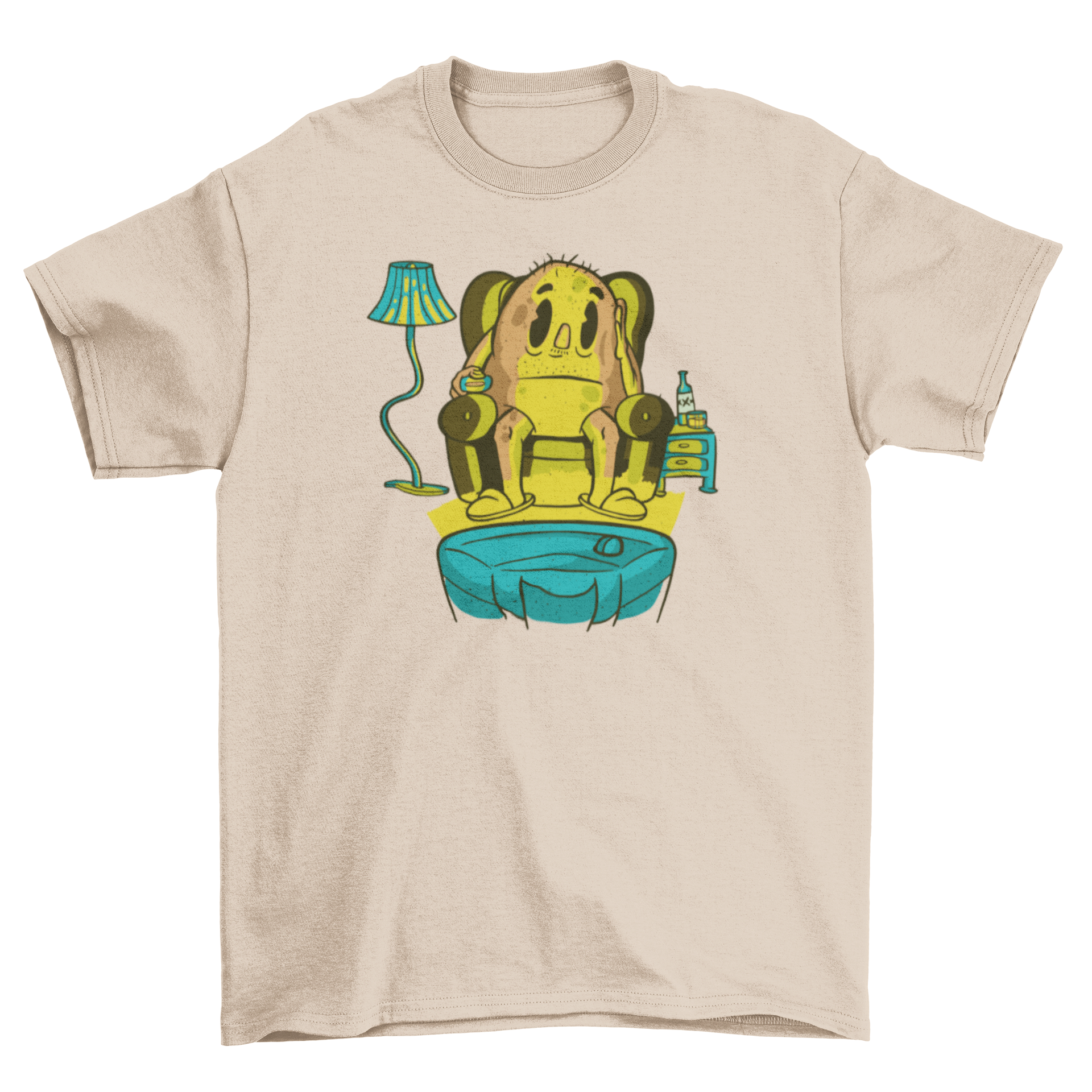 A cartoon potato lounging on a couch, channel surfing, featured on a t-shirt design.