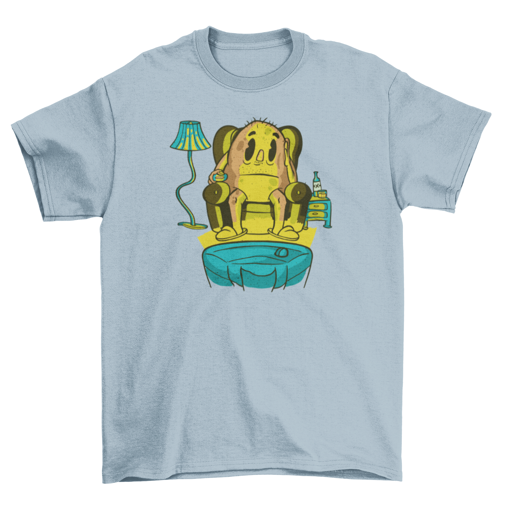 A cartoon potato lounging on a couch, channel surfing, featured on a t-shirt design.