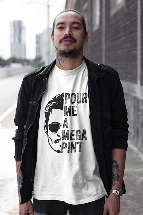 Pour Me a Mega Pint T-Shirt in soft ring-spun cotton, featuring a stylish design suitable for all genders.