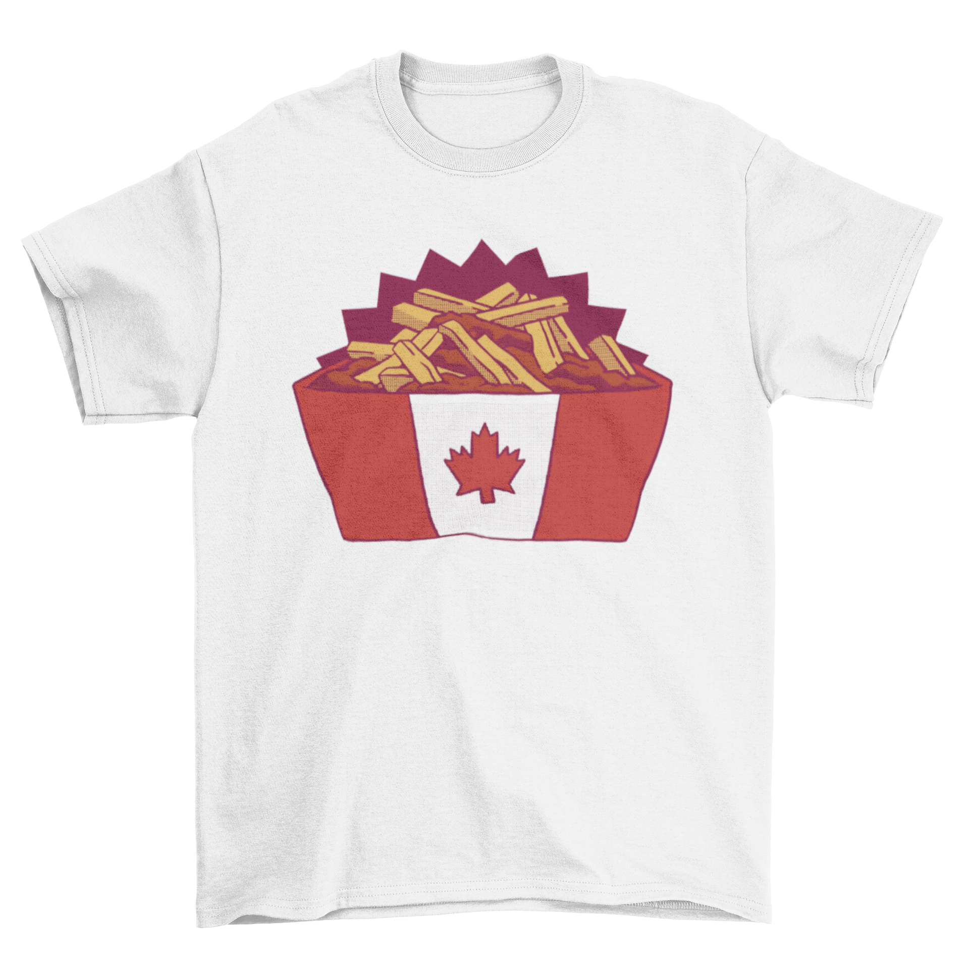 A stylish t-shirt featuring a vibrant design of poutine, showcasing fries, cheese curds, and gravy, perfect for food enthusiasts.