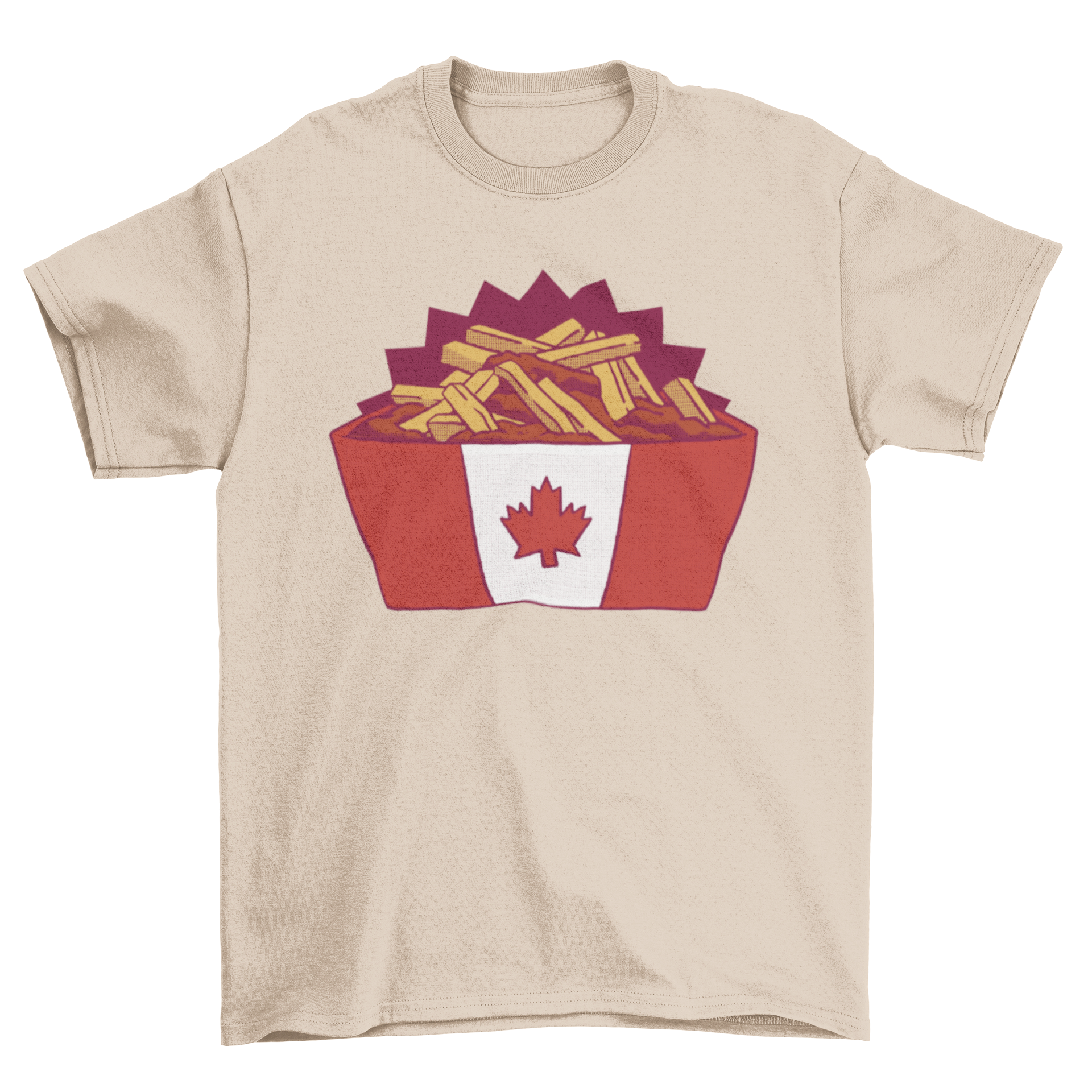 A stylish t-shirt featuring a vibrant design of poutine, showcasing fries, cheese curds, and gravy, perfect for food enthusiasts.