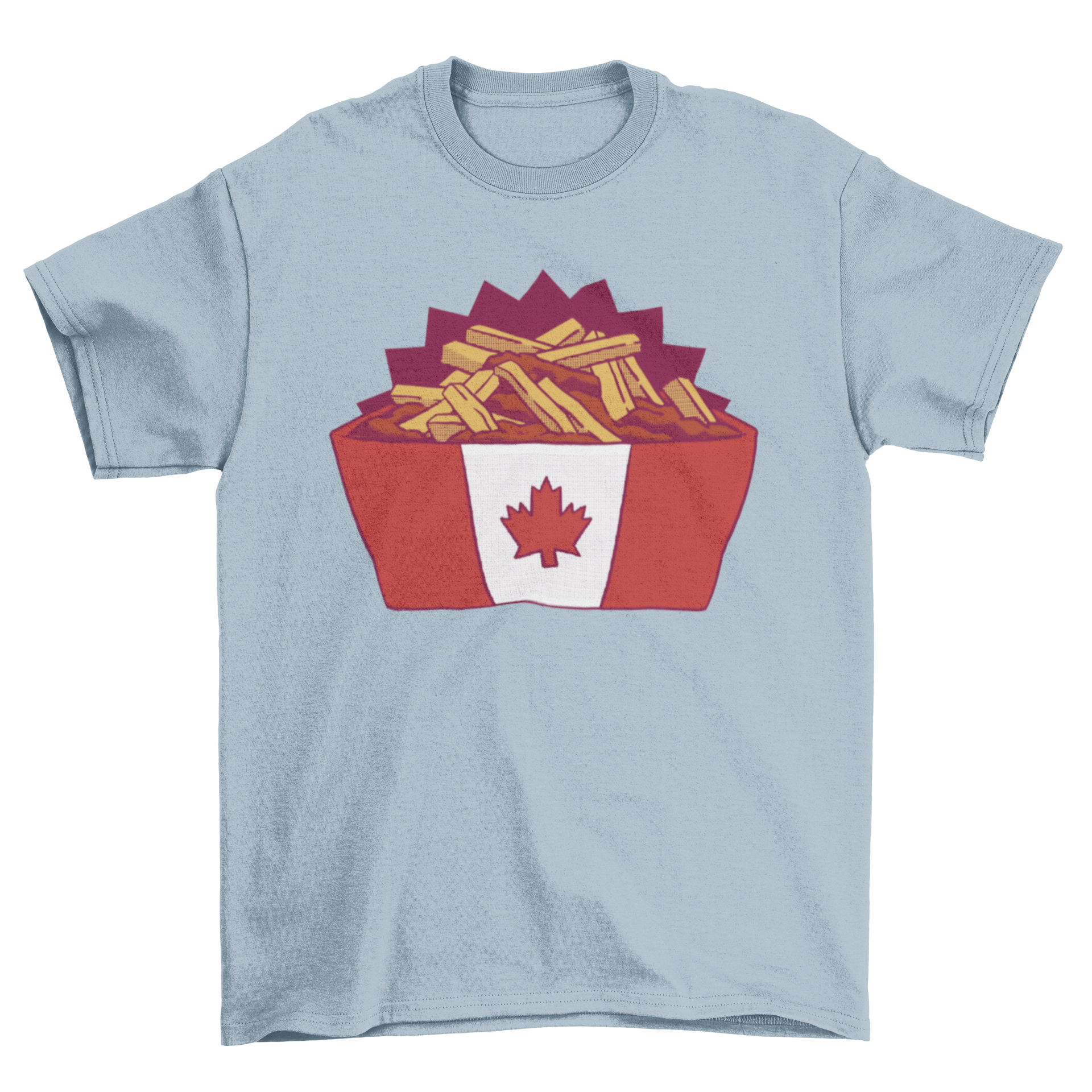 A stylish t-shirt featuring a vibrant design of poutine, showcasing fries, cheese curds, and gravy, perfect for food enthusiasts.