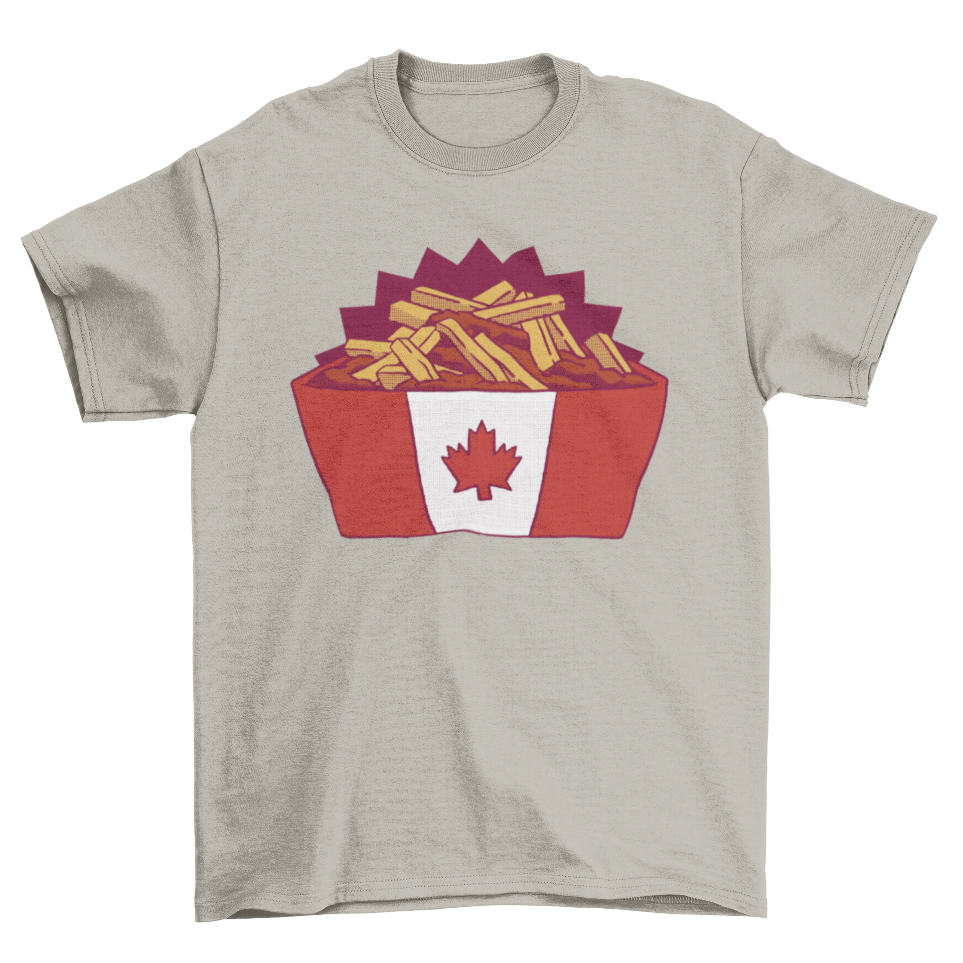 A stylish t-shirt featuring a vibrant design of poutine, showcasing fries, cheese curds, and gravy, perfect for food enthusiasts.