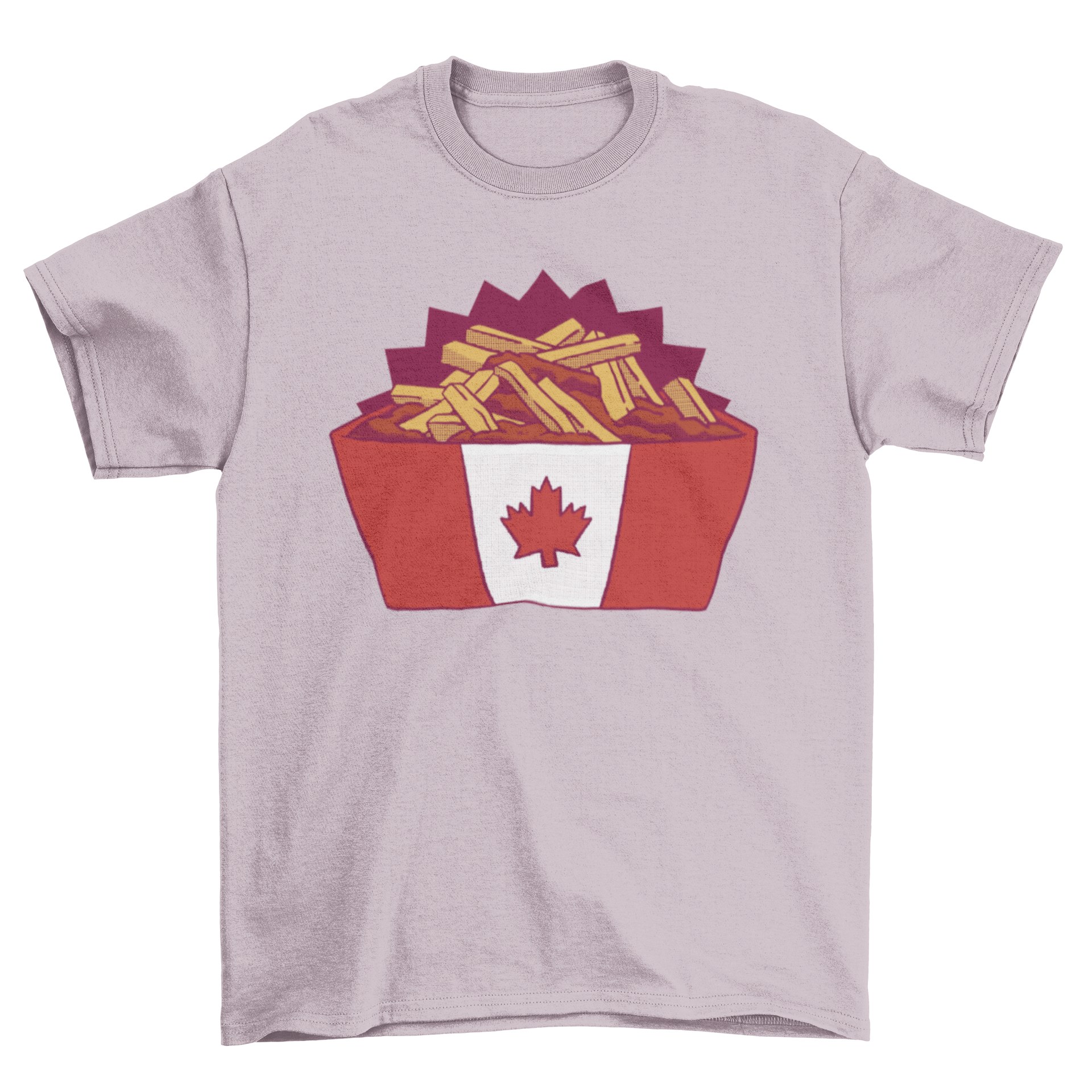 A stylish t-shirt featuring a vibrant design of poutine, showcasing fries, cheese curds, and gravy, perfect for food enthusiasts.