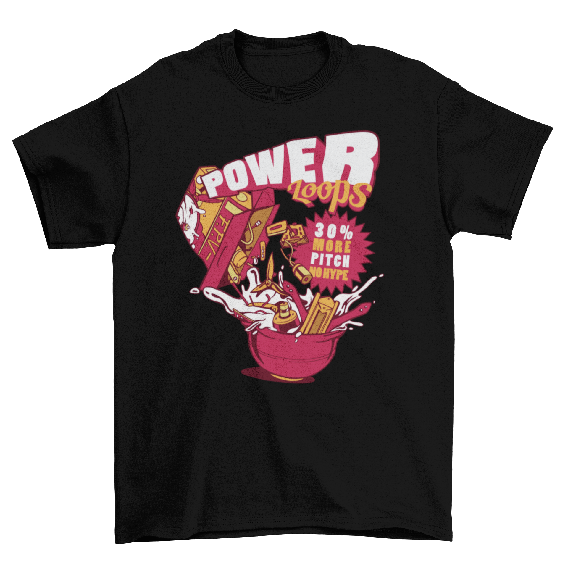 Power Loops T-Shirt featuring a humorous design of drone parts falling into a bowl of milk, perfect for drone enthusiasts.