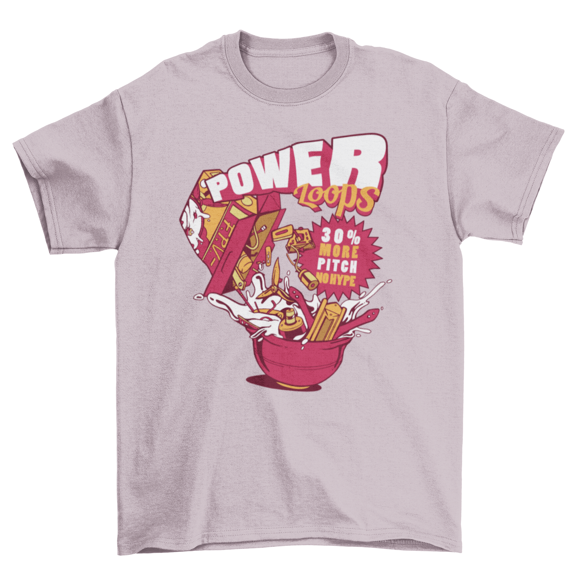 Power Loops T-Shirt featuring a humorous design of drone parts falling into a bowl of milk, perfect for drone enthusiasts.