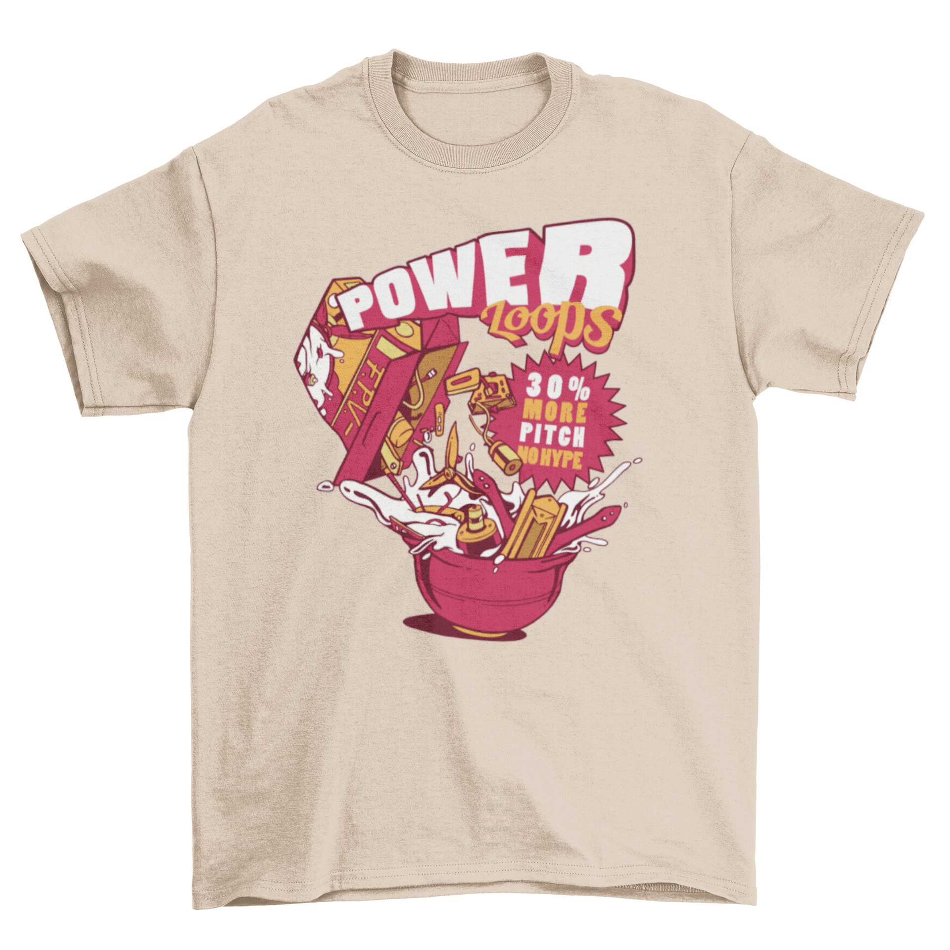 Power Loops T-Shirt featuring a humorous design of drone parts falling into a bowl of milk, perfect for drone enthusiasts.