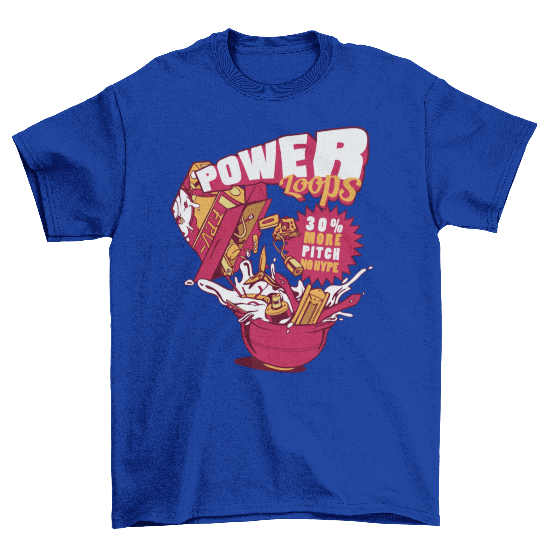 Power Loops T-Shirt featuring a humorous design of drone parts falling into a bowl of milk, perfect for drone enthusiasts.