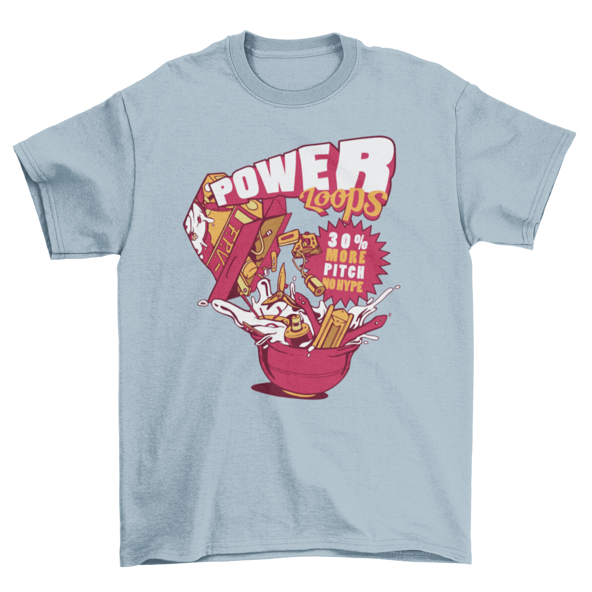 Power Loops T-Shirt featuring a humorous design of drone parts falling into a bowl of milk, perfect for drone enthusiasts.