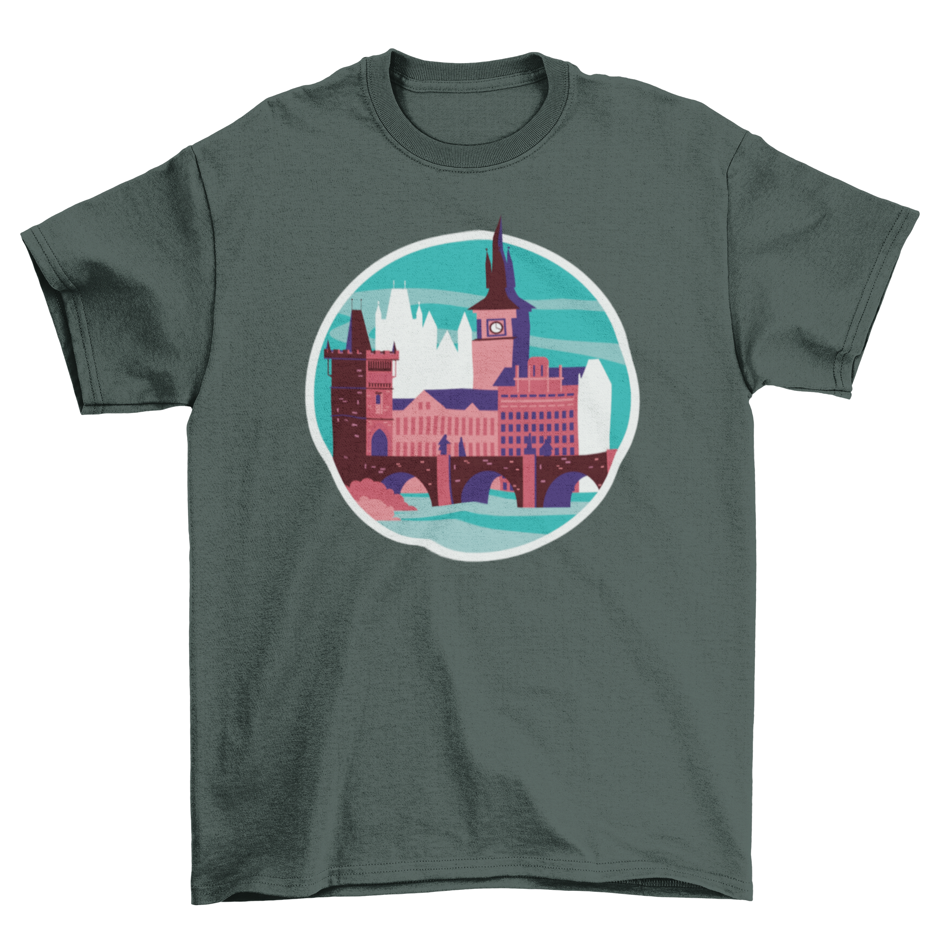 A stylish t-shirt featuring a beautiful landscape of Prague, showcasing its iconic architecture and vibrant colors.