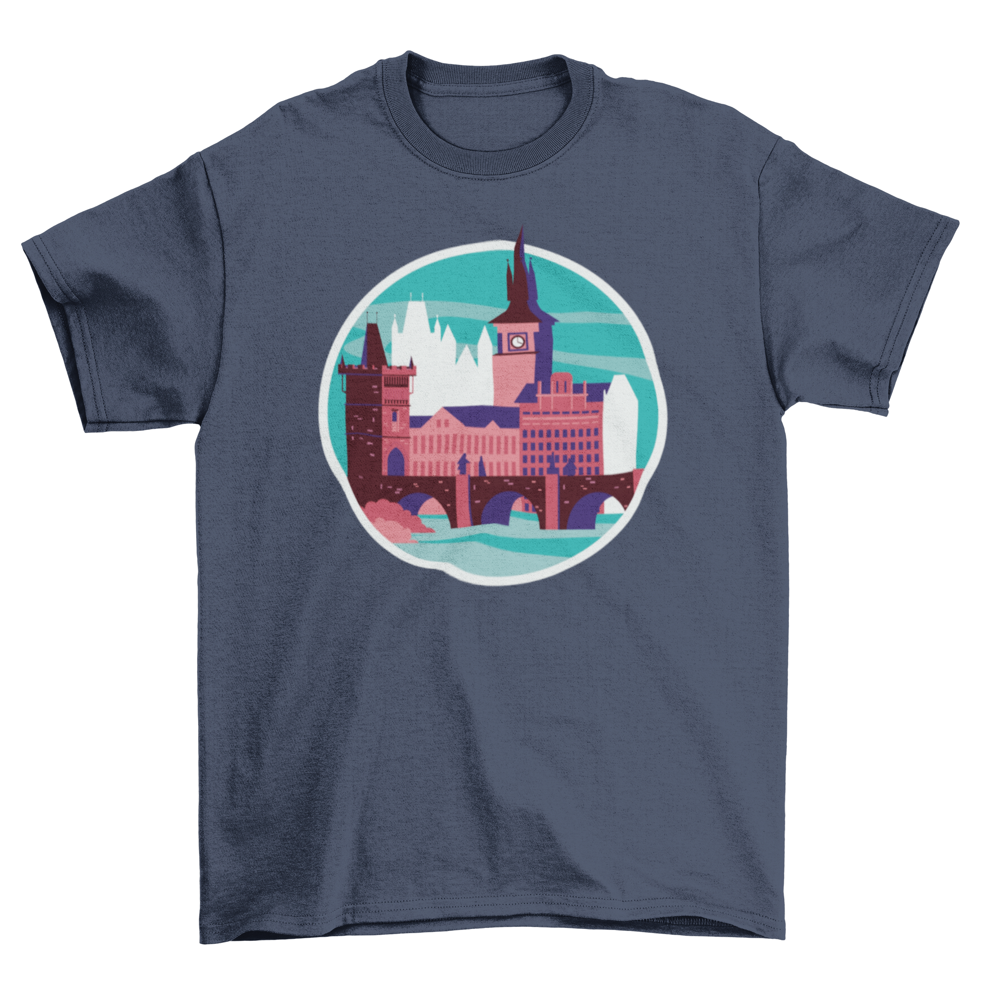 A stylish t-shirt featuring a beautiful landscape of Prague, showcasing its iconic architecture and vibrant colors.