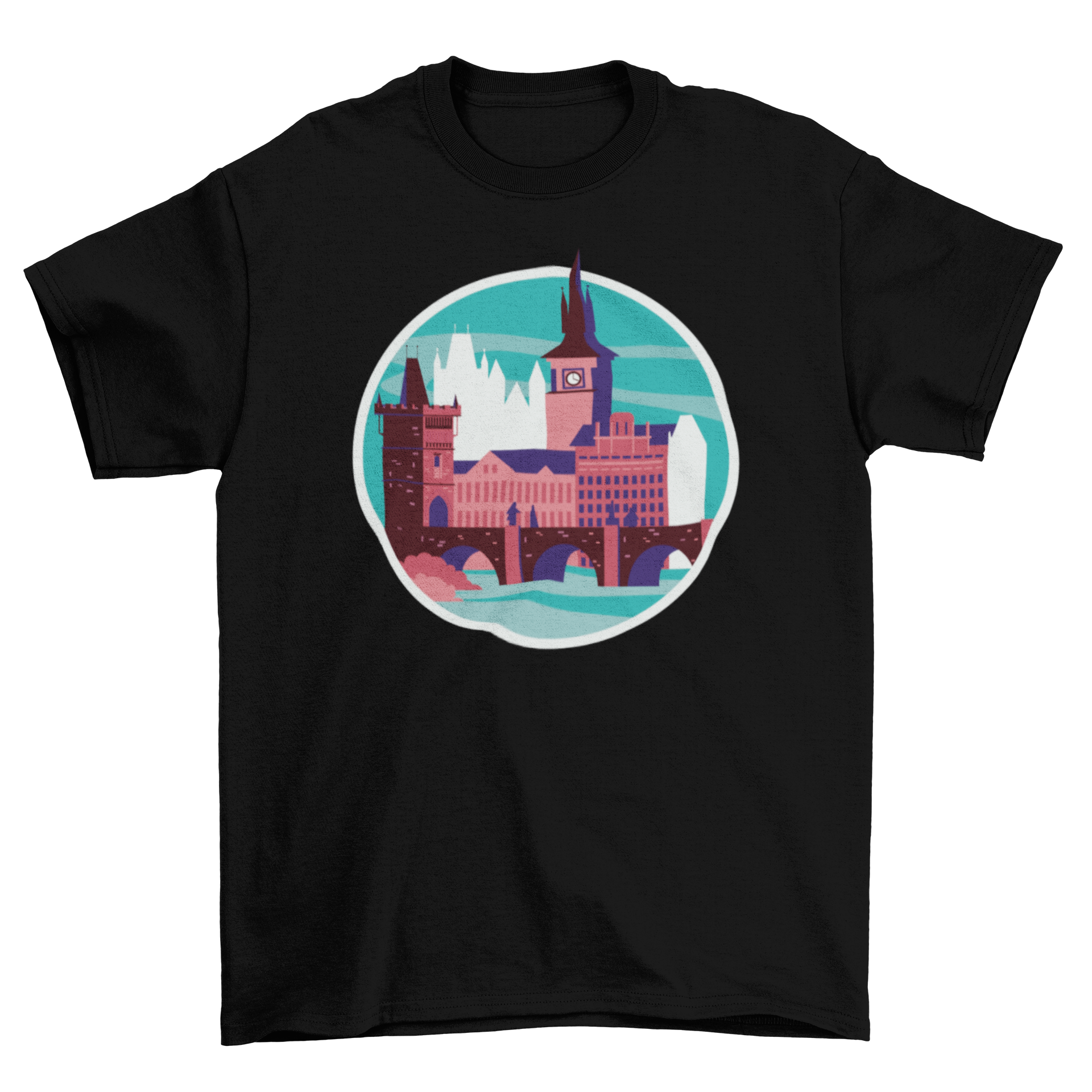 A stylish t-shirt featuring a beautiful landscape of Prague, showcasing its iconic architecture and vibrant colors.