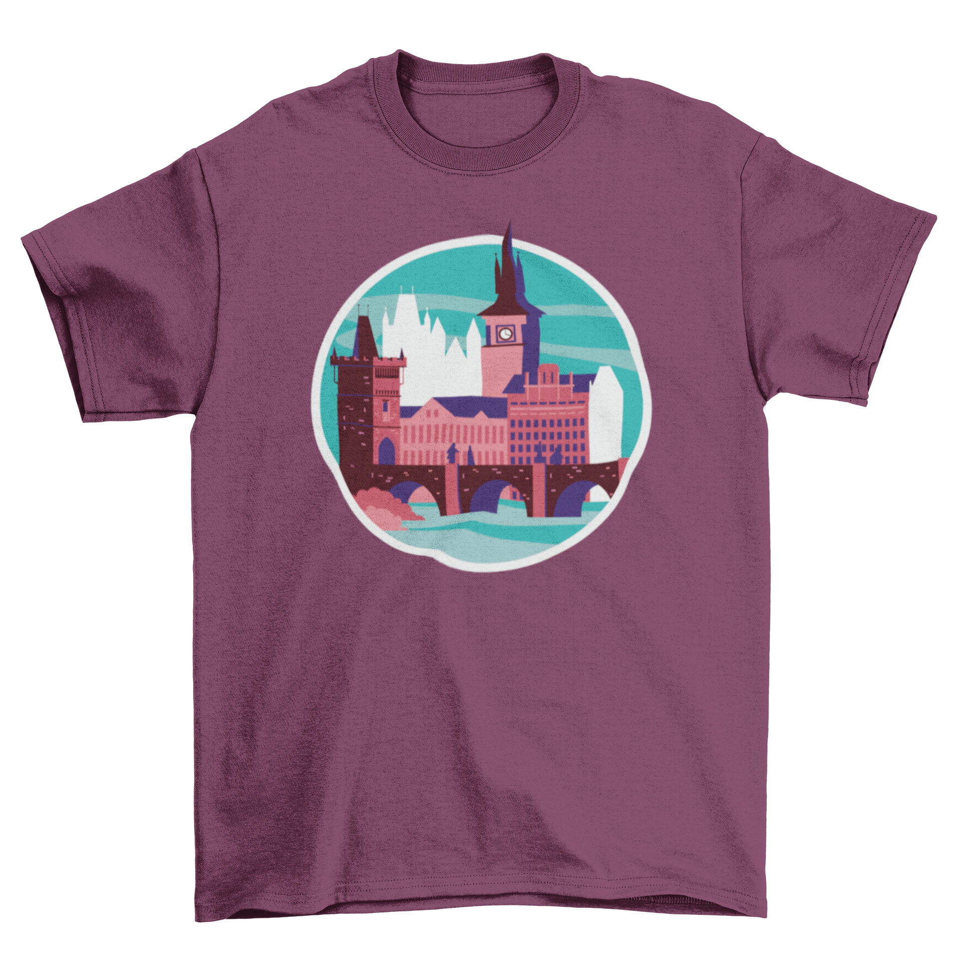 A stylish t-shirt featuring a beautiful landscape of Prague, showcasing its iconic architecture and vibrant colors.