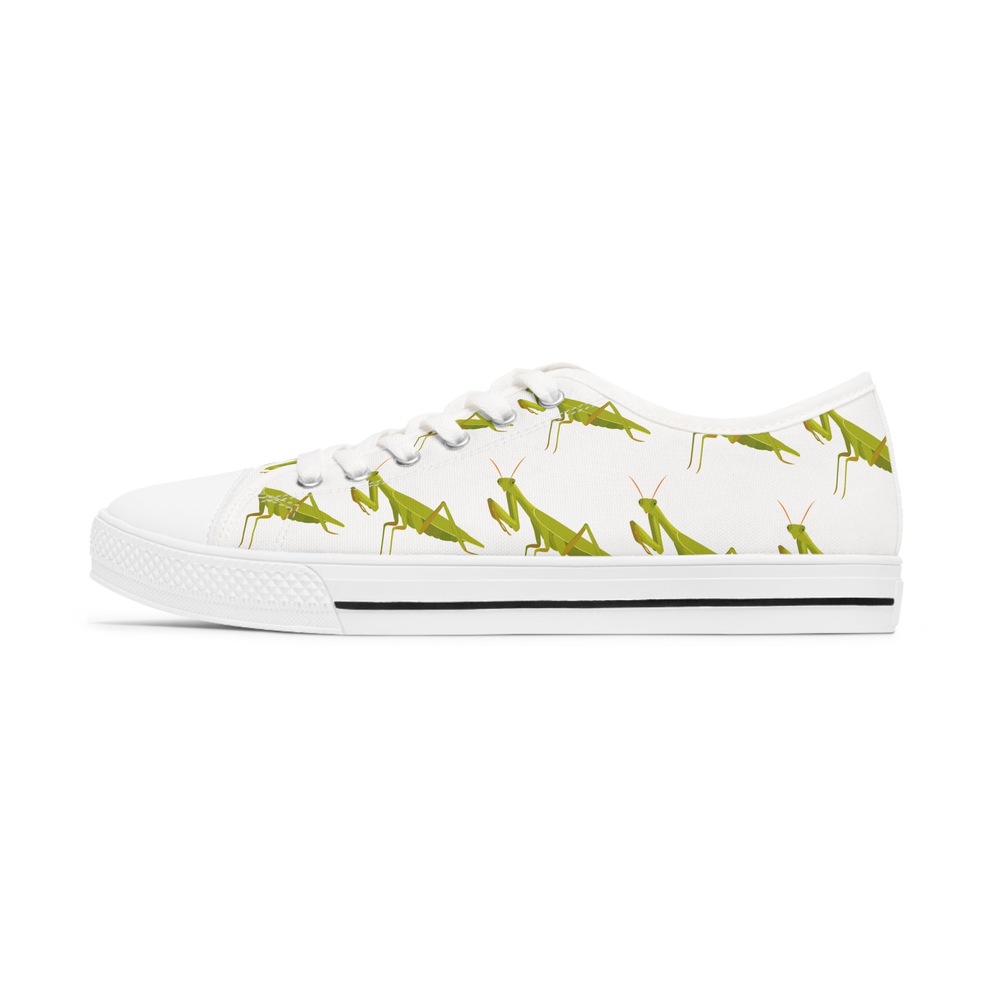 Praying Mantis Women's Low Top Sneakers in black and white options, showcasing breathable canvas and stylish design.