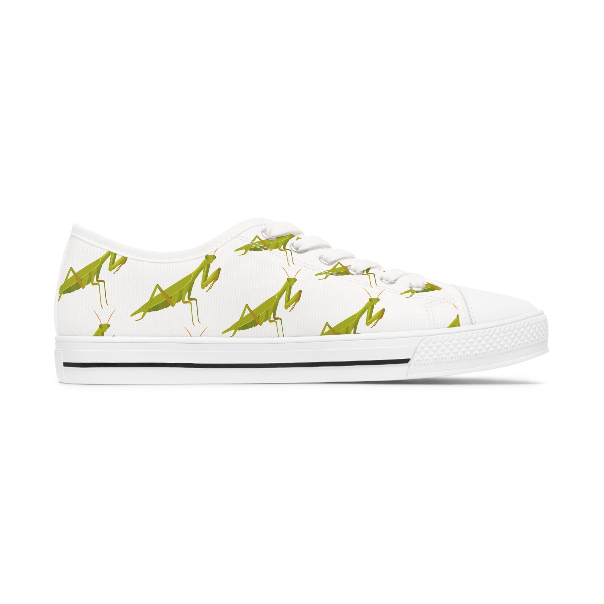 Praying Mantis Women's Low Top Sneakers in black and white options, showcasing breathable canvas and stylish design.