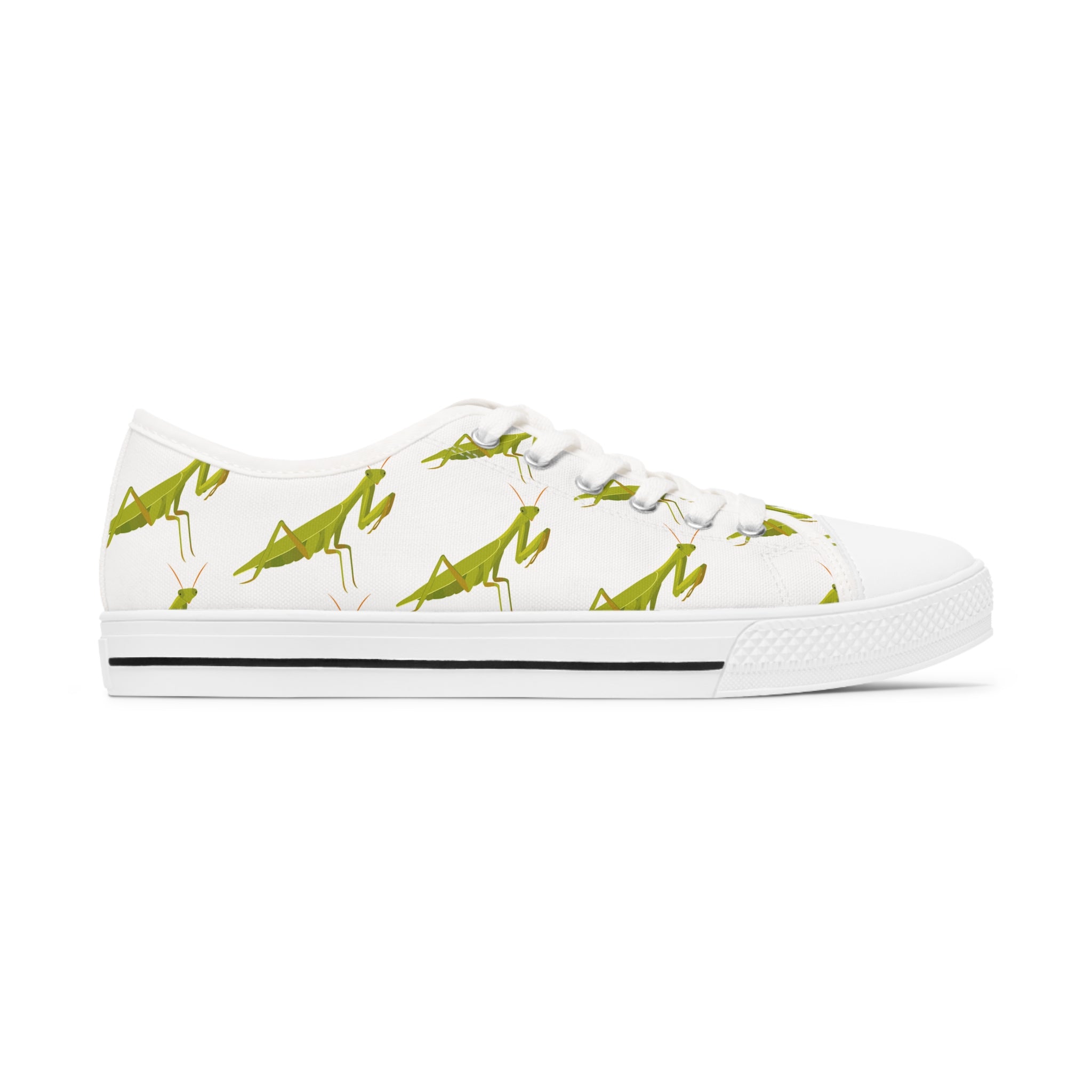 Praying Mantis Women's Low Top Sneakers in black and white options, showcasing breathable canvas and stylish design.