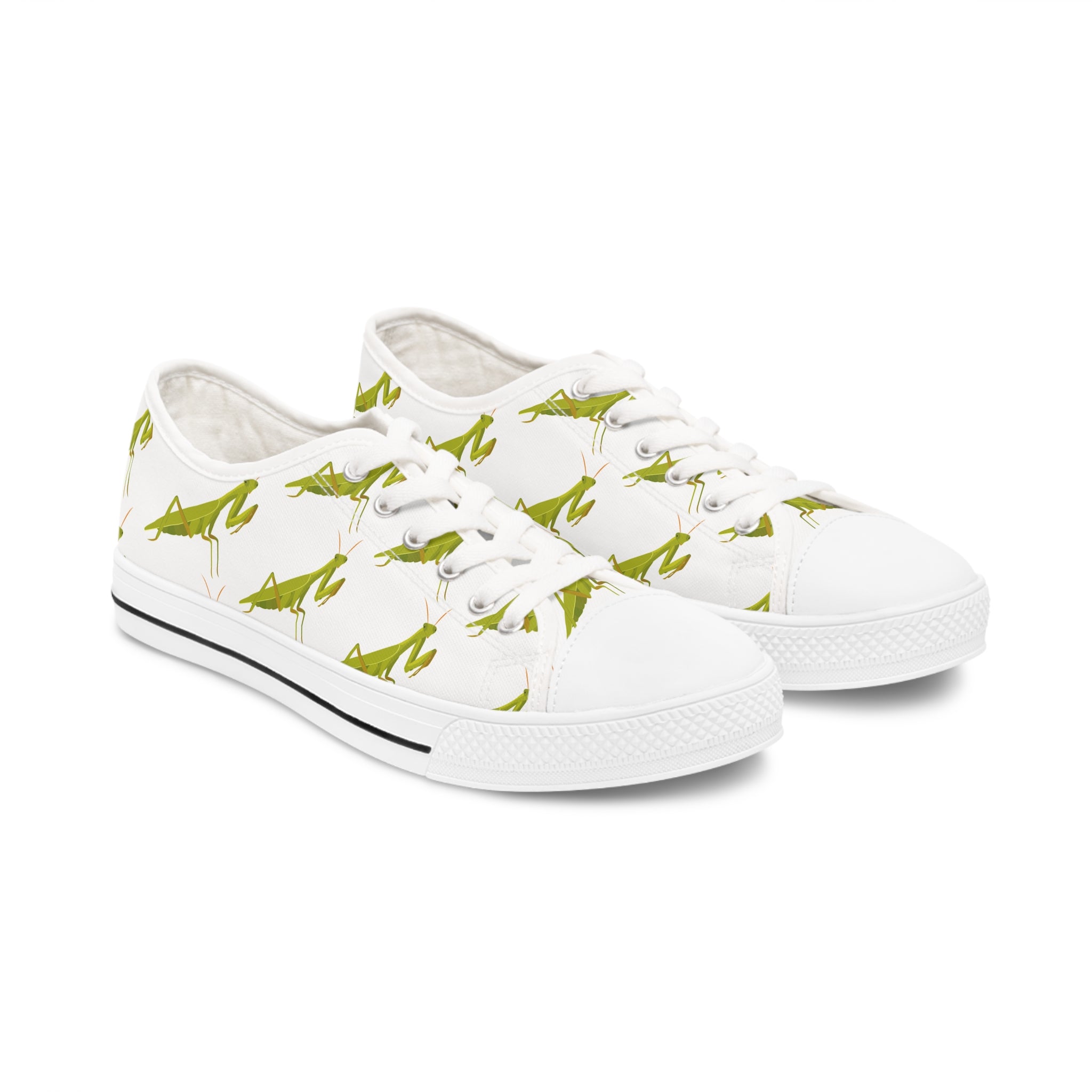 Praying Mantis Women's Low Top Sneakers in black and white options, showcasing breathable canvas and stylish design.