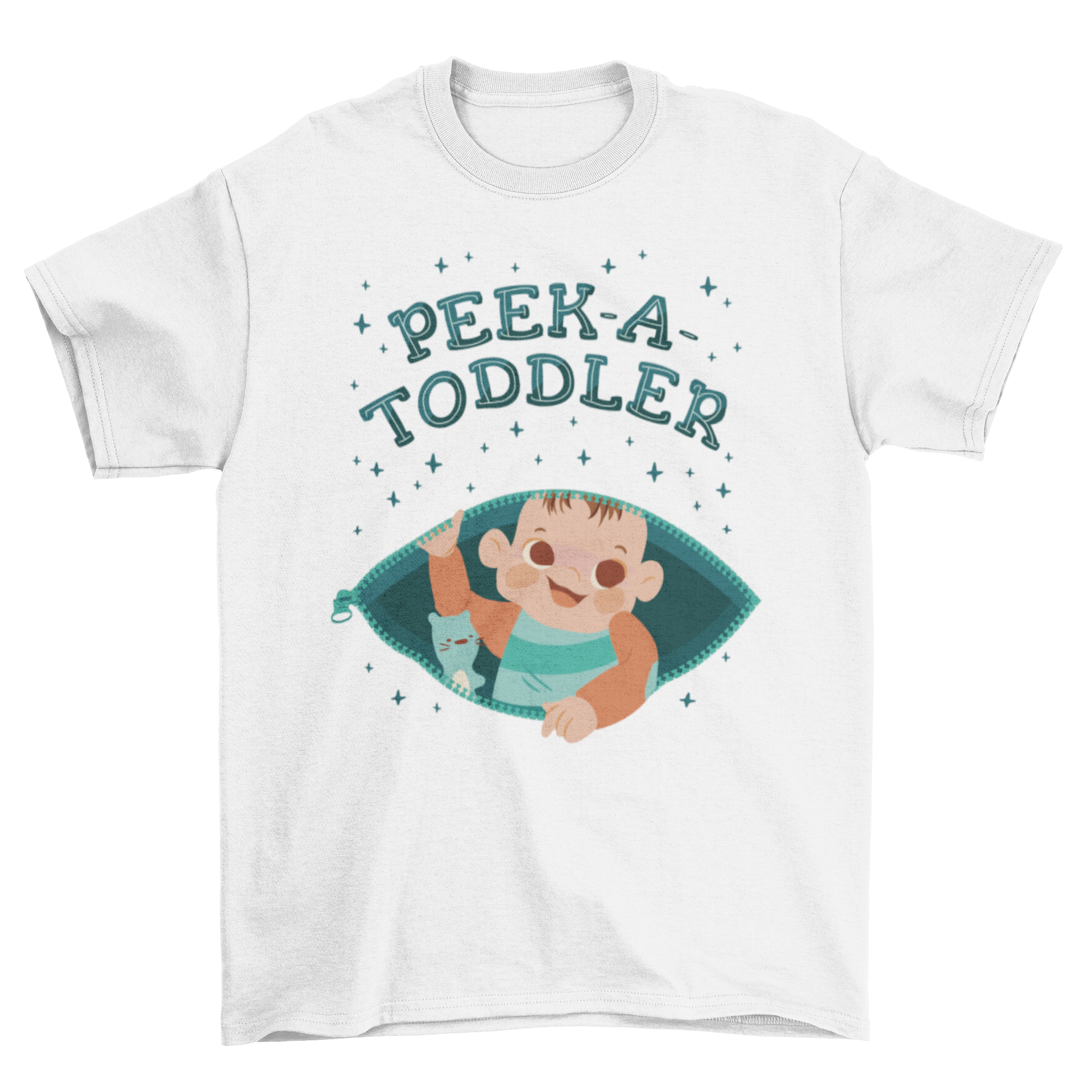 Pregnant mom toddler t-shirt featuring a baby inside an open zipper with the quote 'Peek-a-toddler'.